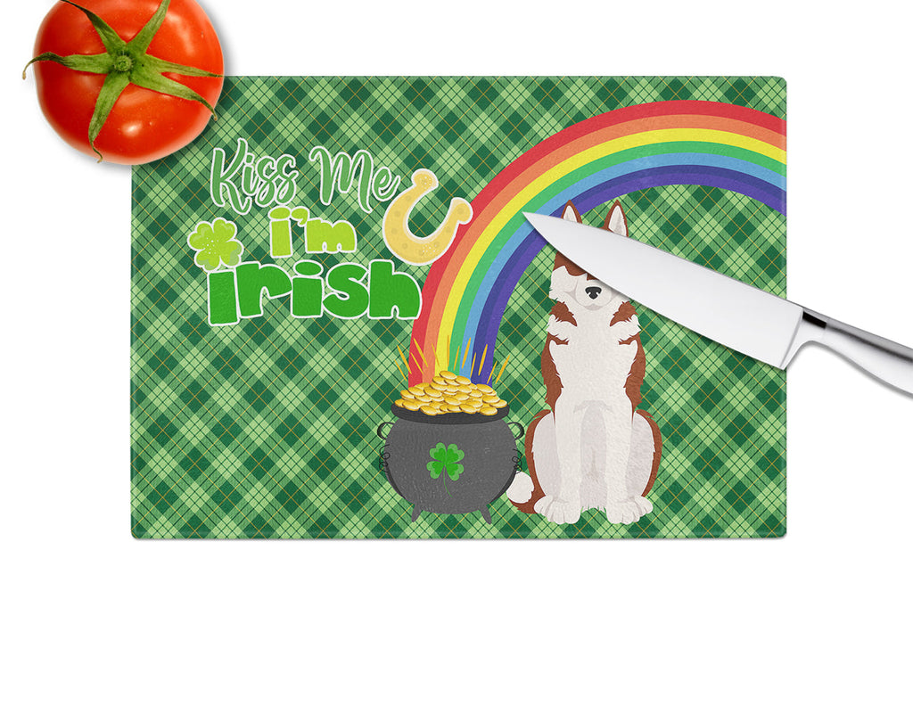 Red Siberian Husky St. Patrick's Day Cutting Board Tempered Glass Kitchen Cutting Surface, Heat Resistant Chopping, Non-Slip Feet, Food Prep & Serving