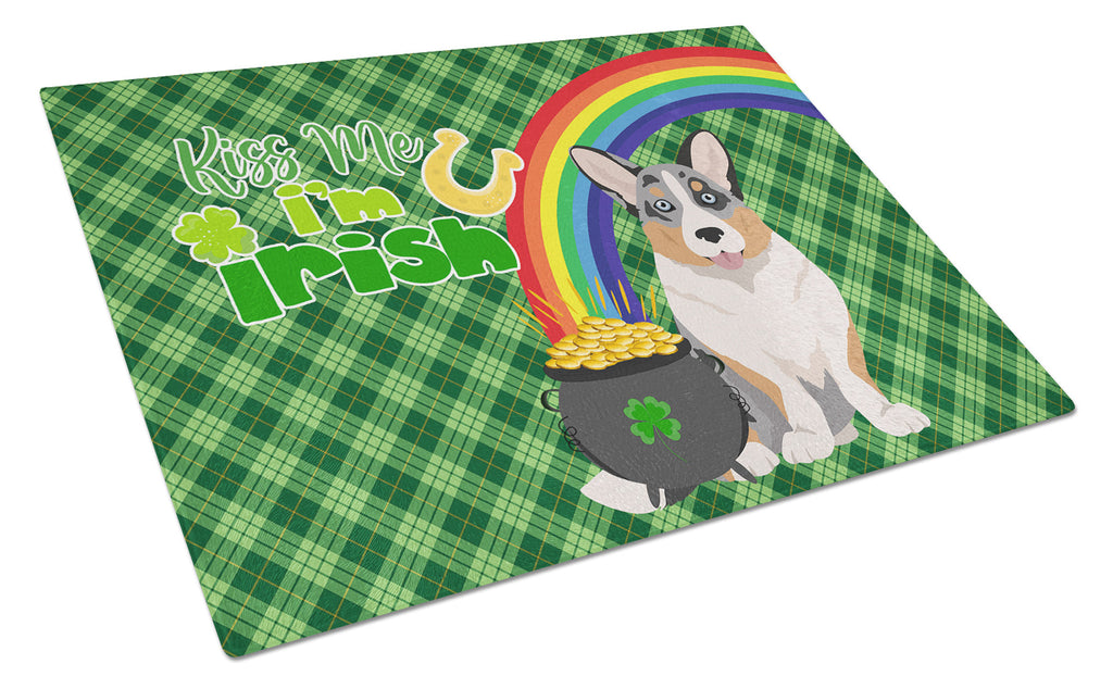 Blue Merle Cardigan Corgi St. Patrick's Day Cutting Board Tempered Glass Kitchen Cutting Surface, Heat Resistant Chopping, Non-Slip Feet, Food Prep & Serving