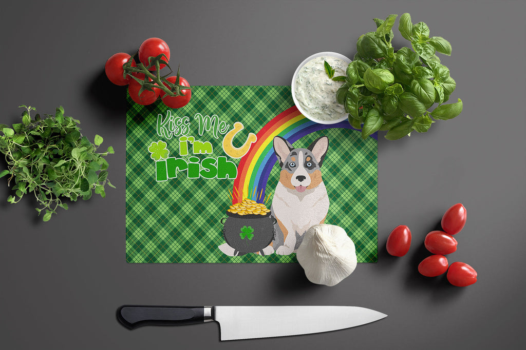 Blue Merle Cardigan Corgi St. Patrick's Day Cutting Board Tempered Glass Kitchen Cutting Surface, Heat Resistant Chopping, Non-Slip Feet, Food Prep & Serving