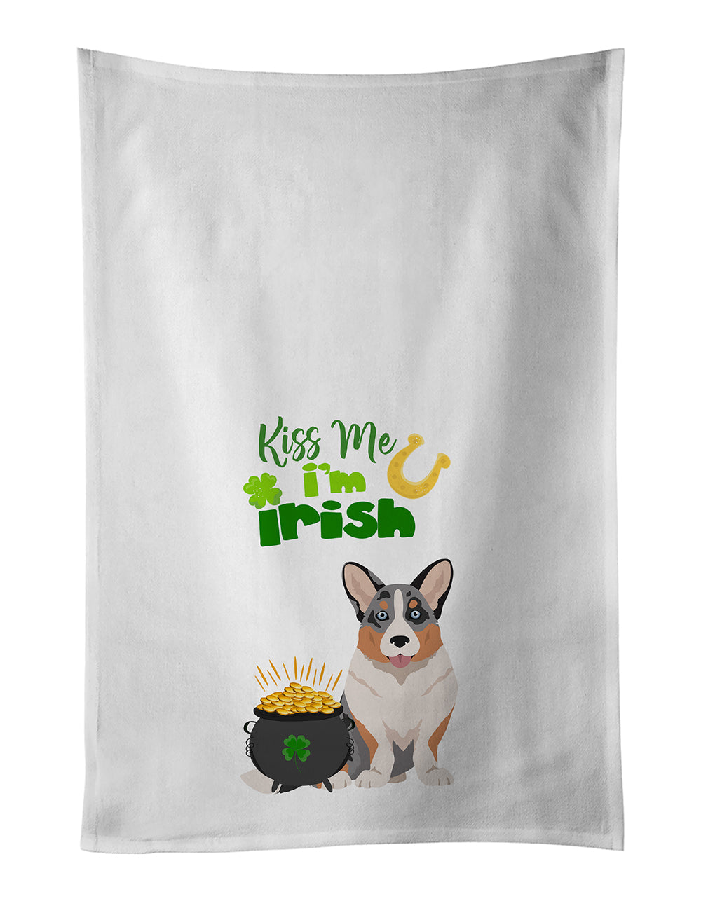 Blue Merle Cardigan Corgi St. Patrick's Day Kitchen Towel Set of 2 White Dish Towels Decorative Bathroom Hand towel for Hand, Face, Hair, Yoga, Tea, Dishcloth, 19 X 28", White