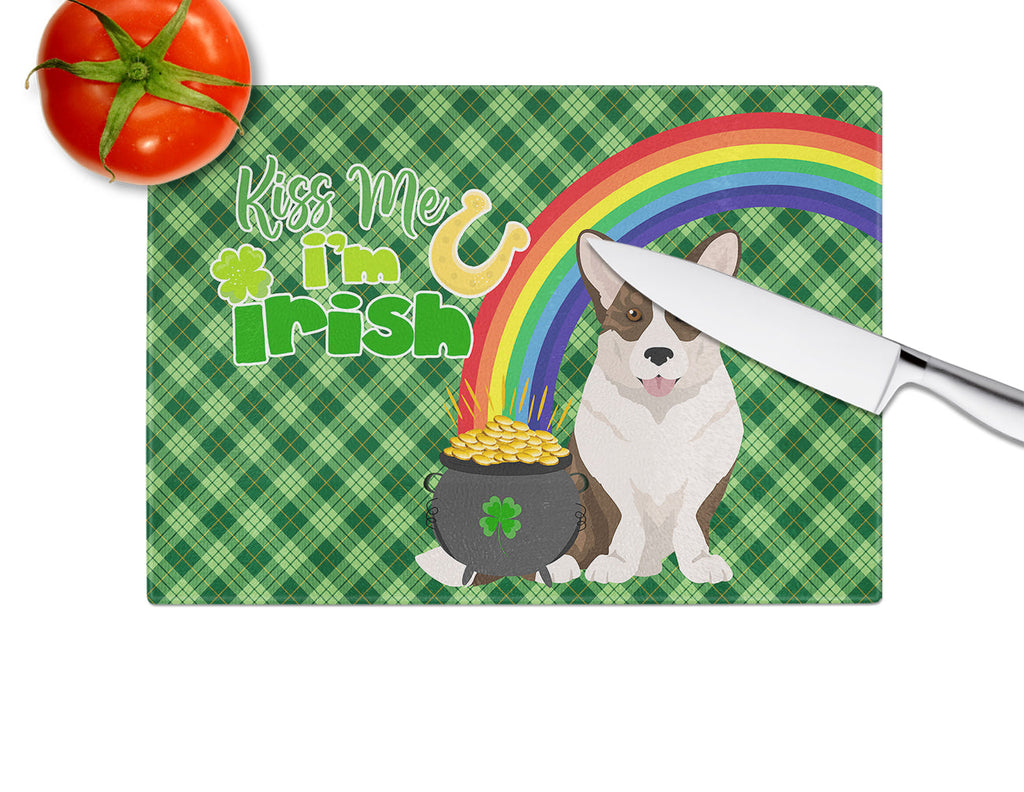 Brindle Cardigan Corgi St. Patrick's Day Cutting Board Tempered Glass Kitchen Cutting Surface, Heat Resistant Chopping, Non-Slip Feet, Food Prep & Serving