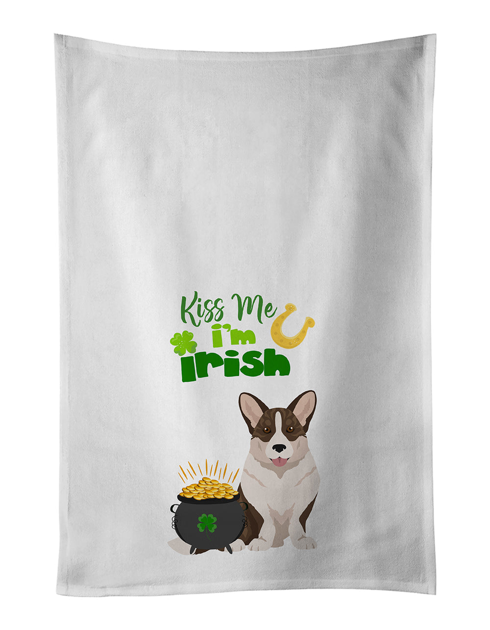 Brindle Cardigan Corgi St. Patrick's Day Kitchen Towel Set of 2 White Dish Towels Decorative Bathroom Hand towel for Hand, Face, Hair, Yoga, Tea, Dishcloth, 19 X 28", White