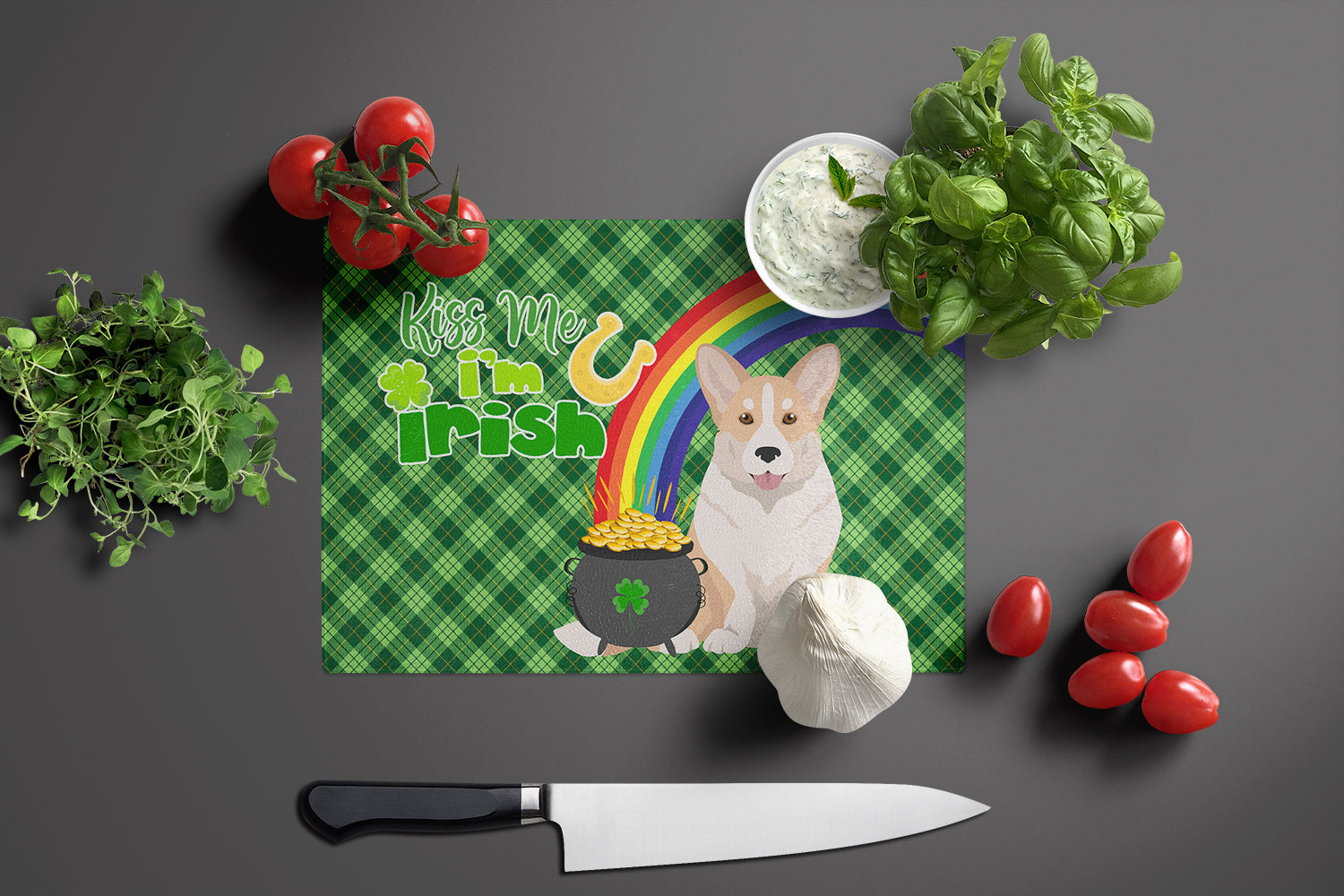 Fawn Cardigan Corgi St. Patrick's Day Cutting Board Tempered Glass Kitchen Cutting Surface, Heat Resistant Chopping, Non-Slip Feet, Food Prep & Serving