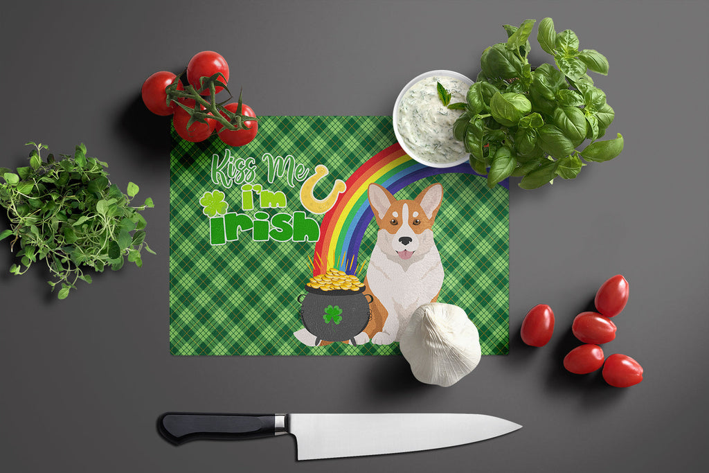 Red Cardigan Corgi St. Patrick's Day Cutting Board Tempered Glass Kitchen Cutting Surface, Heat Resistant Chopping, Non-Slip Feet, Food Prep & Serving