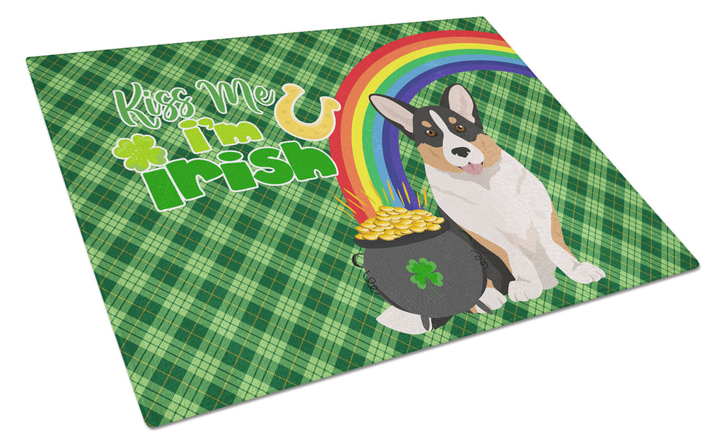 Tricolor Cardigan Corgi St. Patrick's Day Cutting Board Tempered Glass Kitchen Cutting Surface, Heat Resistant Chopping, Non-Slip Feet, Food Prep & Serving