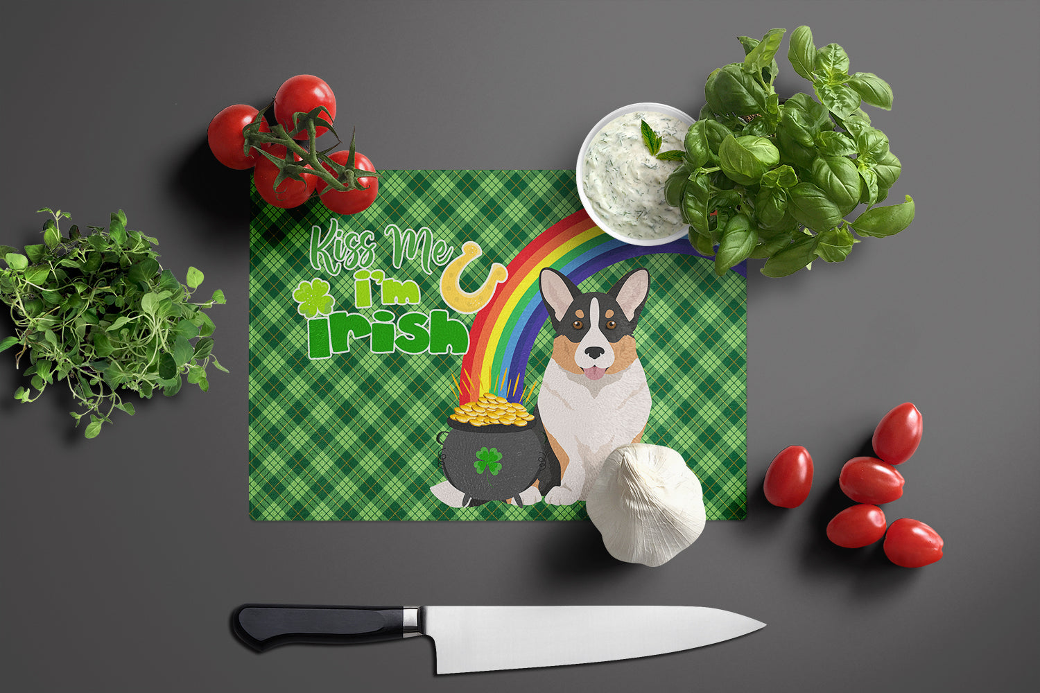 Tricolor Cardigan Corgi St. Patrick's Day Cutting Board Tempered Glass Kitchen Cutting Surface, Heat Resistant Chopping, Non-Slip Feet, Food Prep & Serving
