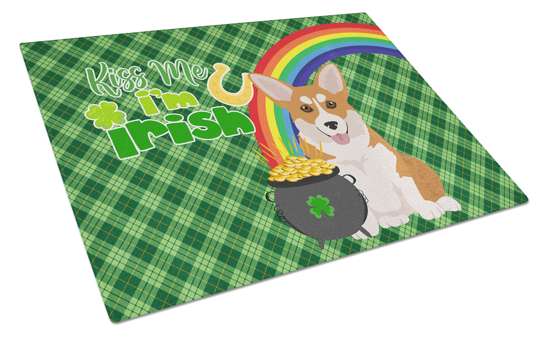 Red Pembroke Corgi St. Patrick's Day Cutting Board Tempered Glass Kitchen Cutting Surface, Heat Resistant Chopping, Non-Slip Feet, Food Prep & Serving