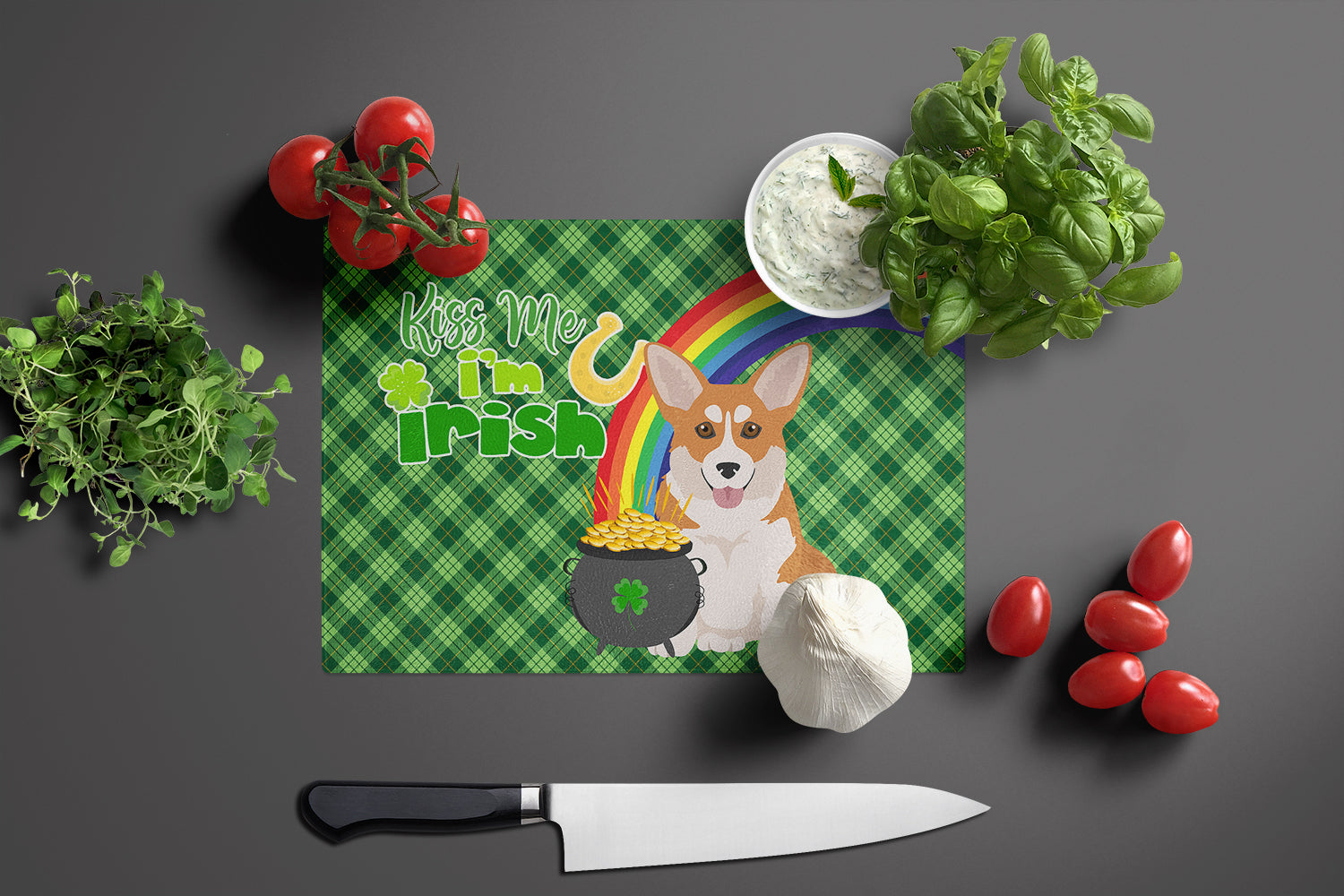 Red Pembroke Corgi St. Patrick's Day Cutting Board Tempered Glass Kitchen Cutting Surface, Heat Resistant Chopping, Non-Slip Feet, Food Prep & Serving
