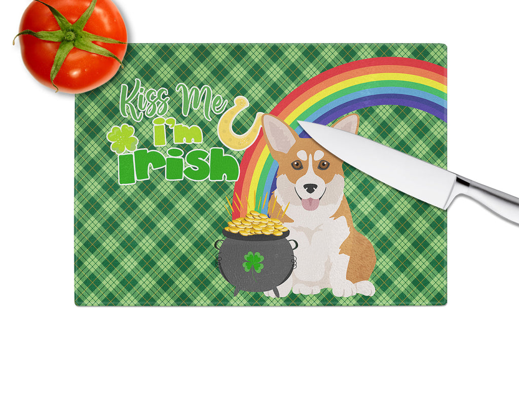 Red Pembroke Corgi St. Patrick's Day Cutting Board Tempered Glass Kitchen Cutting Surface, Heat Resistant Chopping, Non-Slip Feet, Food Prep & Serving
