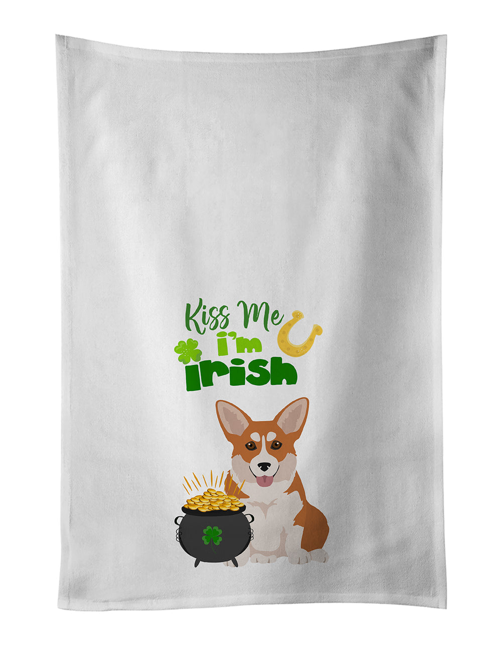 Red Pembroke Corgi St. Patrick's Day Kitchen Towel Set of 2 White Dish Towels Decorative Bathroom Hand towel for Hand, Face, Hair, Yoga, Tea, Dishcloth, 19 X 28", White