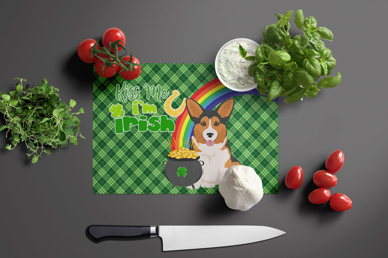 Sable Pembroke Corgi St. Patrick's Day Cutting Board Tempered Glass Kitchen Cutting Surface, Heat Resistant Chopping, Non-Slip Feet, Food Prep & Serving