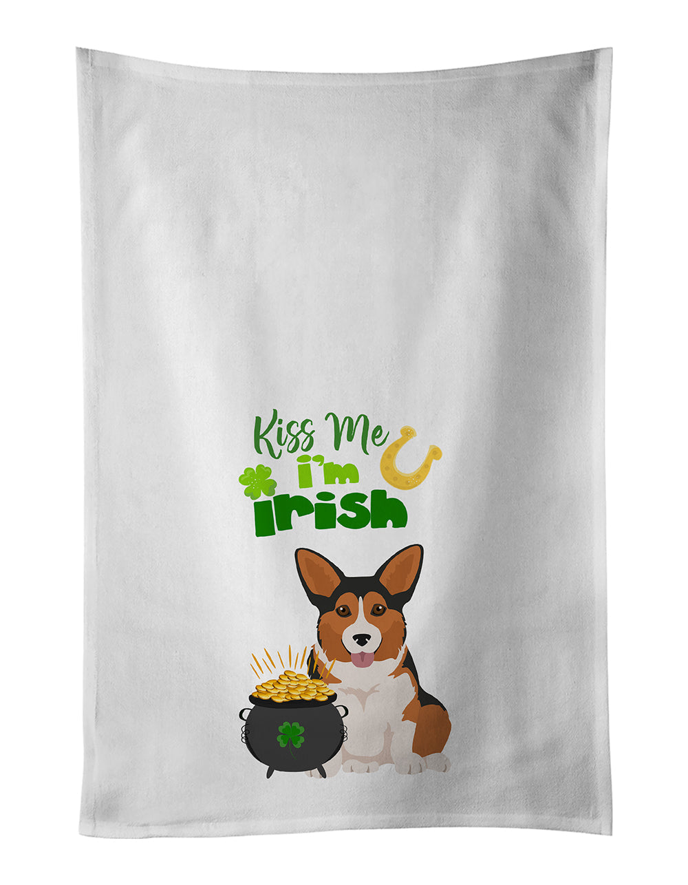 Sable Pembroke Corgi St. Patrick's Day Kitchen Towel Set of 2 White Dish Towels Decorative Bathroom Hand towel for Hand, Face, Hair, Yoga, Tea, Dishcloth, 19 X 28", White