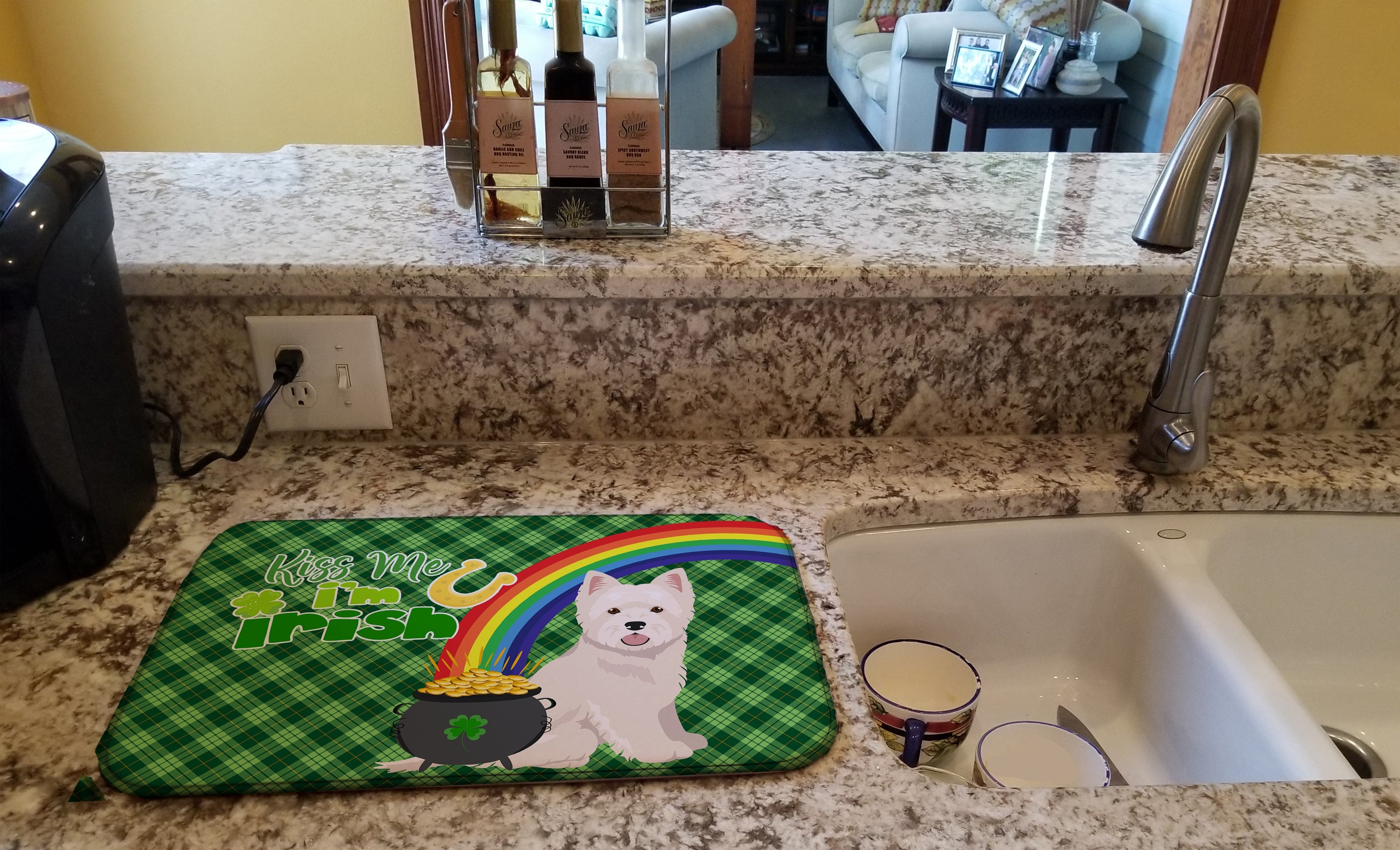 Westie West Highland White Terrier St. Patrick's Day Dish Drying Mat Absorbent Dish Drying Mat Pad for Kitchen Counter Dish Drainer Mat for Countertop, 14 x 21", Multicolor