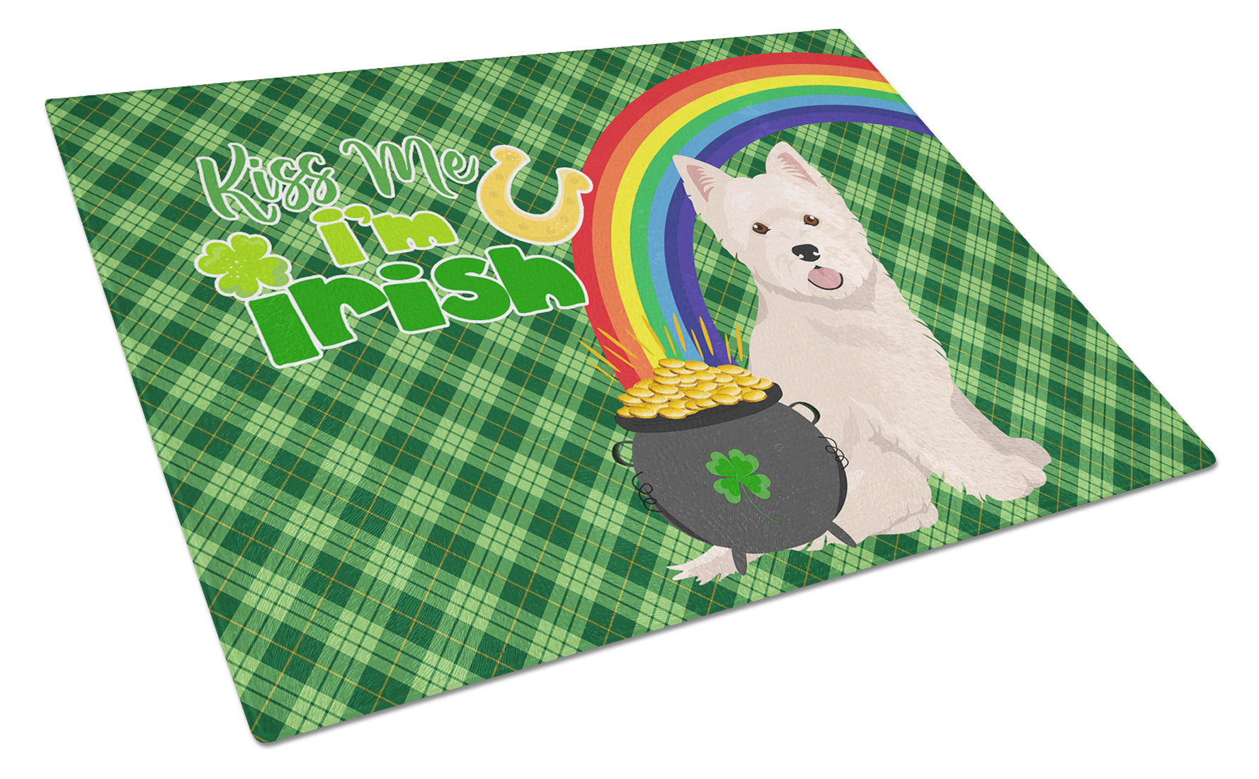 Westie West Highland White Terrier St. Patrick's Day Cutting Board Tempered Glass Kitchen Cutting Surface, Heat Resistant Chopping, Non-Slip Feet, Food Prep & Serving