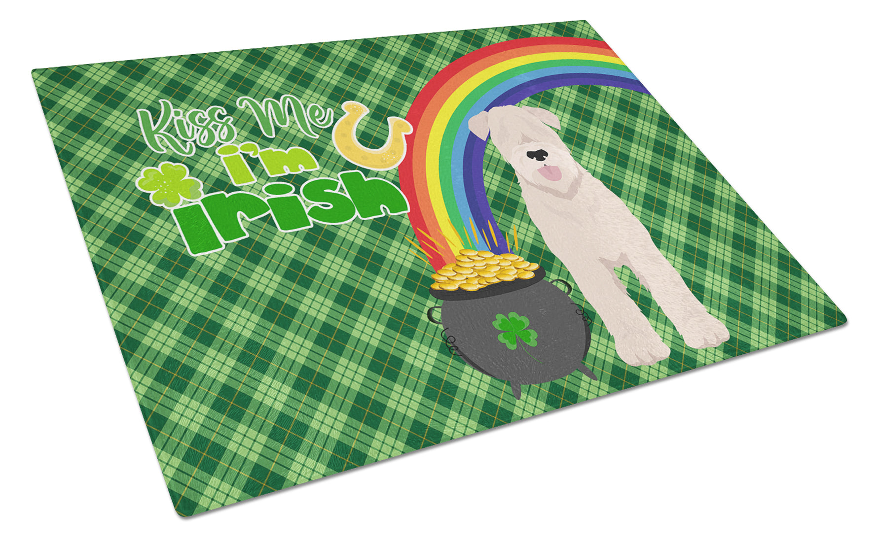 Soft Coated Wheaten Terrier St. Patrick's Day Cutting Board Tempered Glass Kitchen Cutting Surface, Heat Resistant Chopping, Non-Slip Feet, Food Prep & Serving