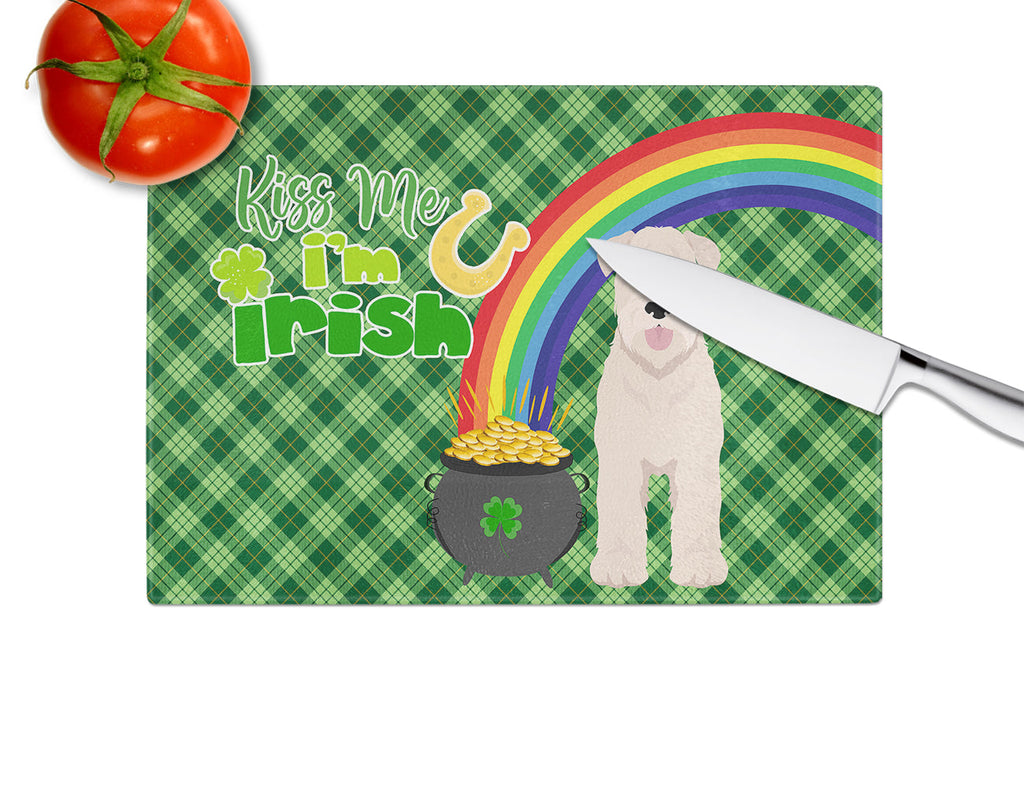 Soft Coated Wheaten Terrier St. Patrick's Day Cutting Board Tempered Glass Kitchen Cutting Surface, Heat Resistant Chopping, Non-Slip Feet, Food Prep & Serving