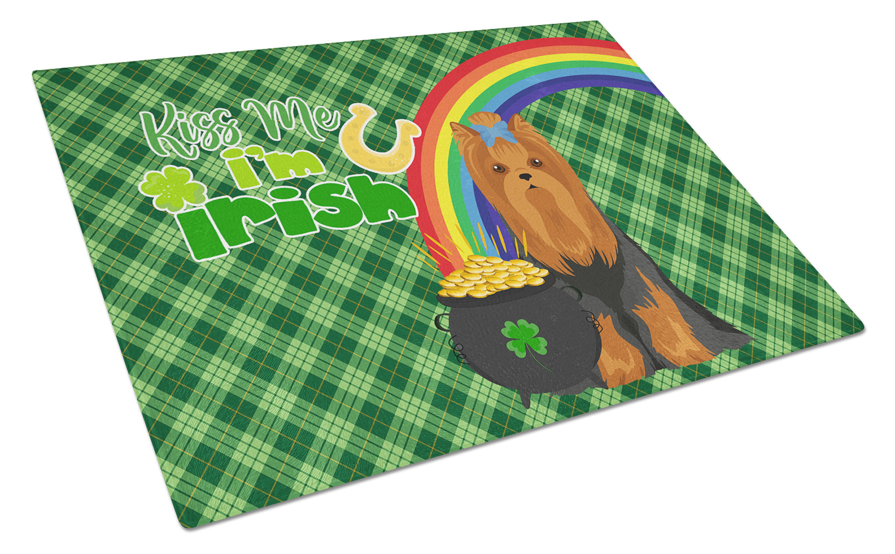 Black and Tan Full Coat Yorkshire Terrier St. Patrick's Day Cutting Board Tempered Glass Kitchen Cutting Surface, Heat Resistant Chopping, Non-Slip Feet, Food Prep & Serving