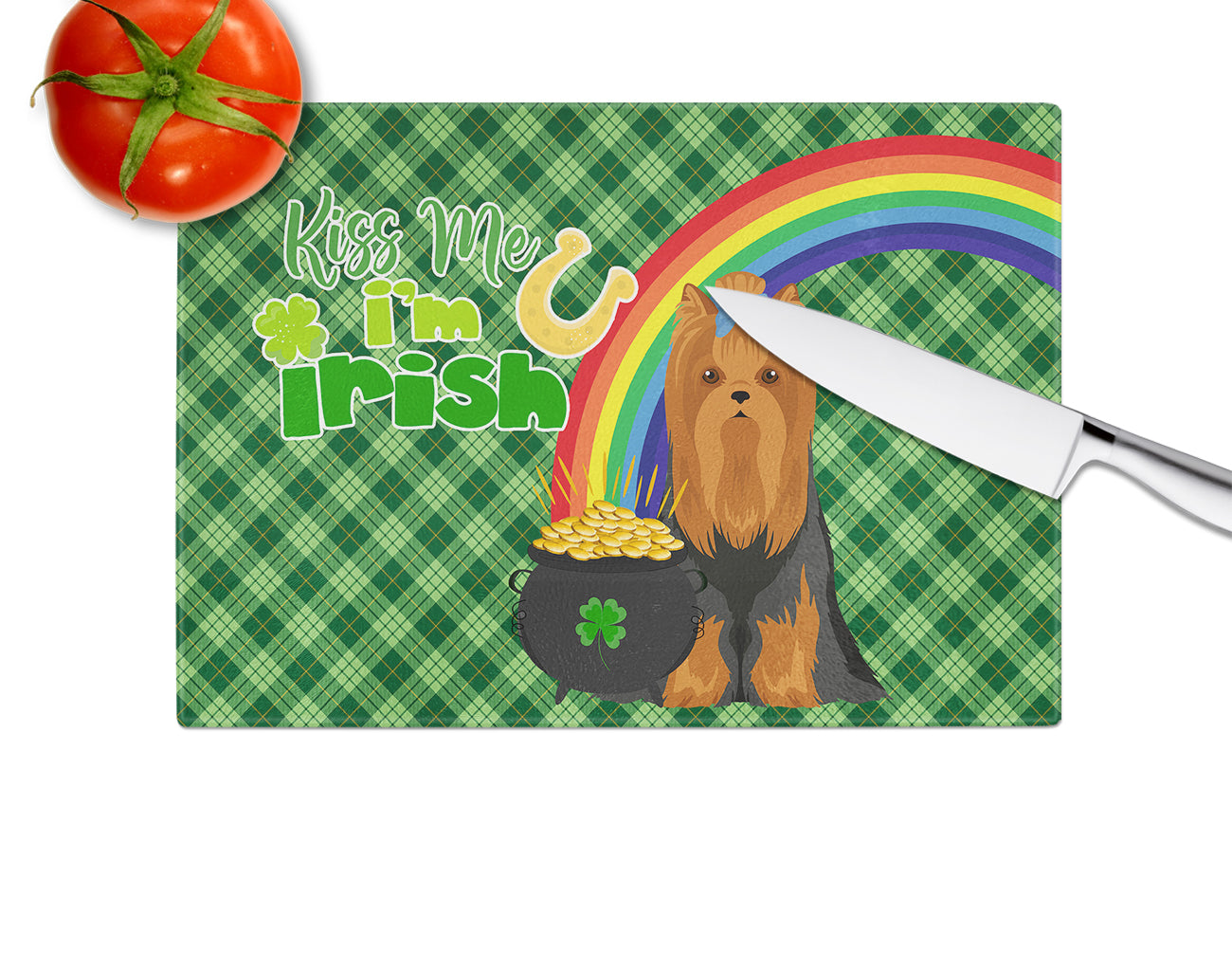 Black and Tan Full Coat Yorkshire Terrier St. Patrick's Day Cutting Board Tempered Glass Kitchen Cutting Surface, Heat Resistant Chopping, Non-Slip Feet, Food Prep & Serving