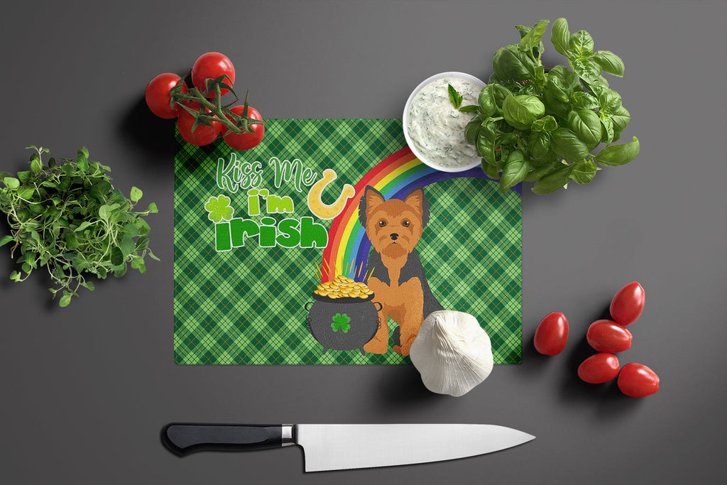 Black and Tan Puppy Cut Yorkshire Terrier St. Patrick's Day Cutting Board Tempered Glass Kitchen Cutting Surface, Heat Resistant Chopping, Non-Slip Feet, Food Prep & Serving
