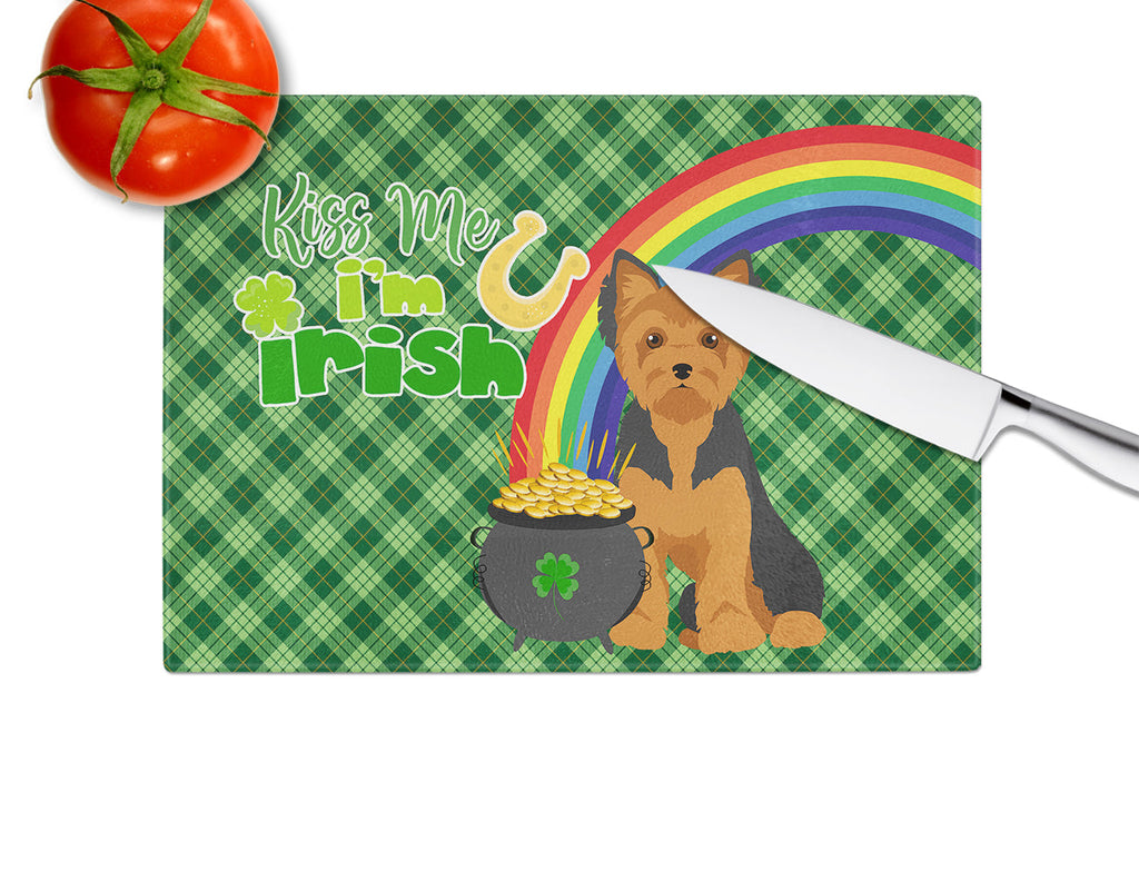 Black and Tan Puppy Cut Yorkshire Terrier St. Patrick's Day Cutting Board Tempered Glass Kitchen Cutting Surface, Heat Resistant Chopping, Non-Slip Feet, Food Prep & Serving