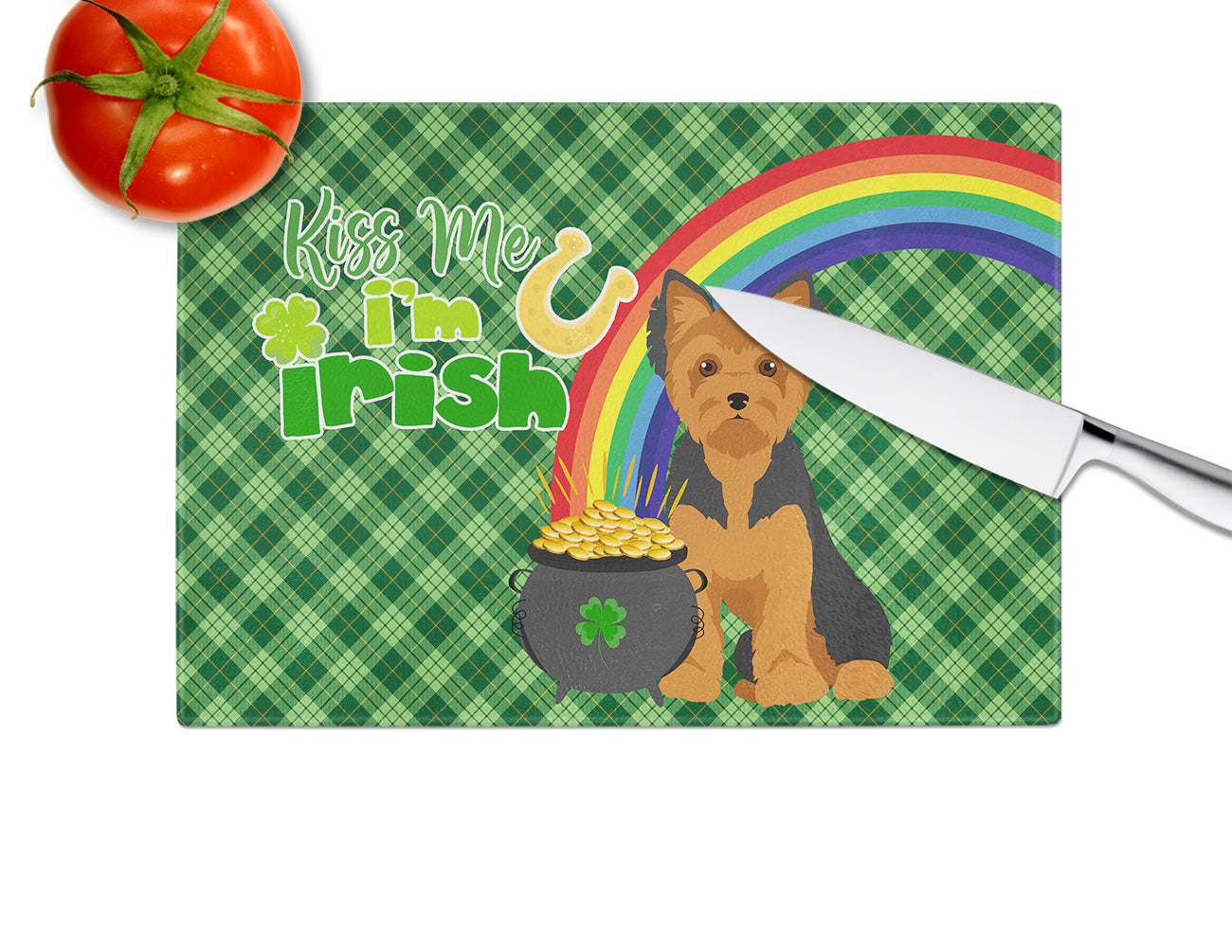 Black and Tan Puppy Cut Yorkshire Terrier St. Patrick's Day Cutting Board Tempered Glass Kitchen Cutting Surface, Heat Resistant Chopping, Non-Slip Feet, Food Prep & Serving