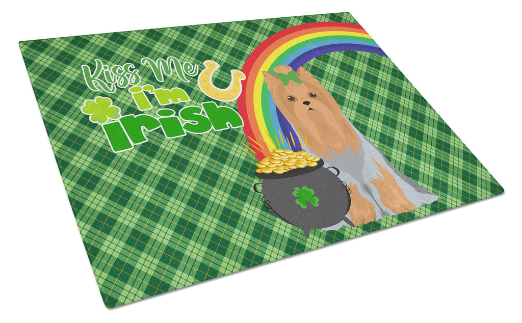 Blue and Tan Full Coat Yorkshire Terrier St. Patrick's Day Cutting Board Tempered Glass Kitchen Cutting Surface, Heat Resistant Chopping, Non-Slip Feet, Food Prep & Serving