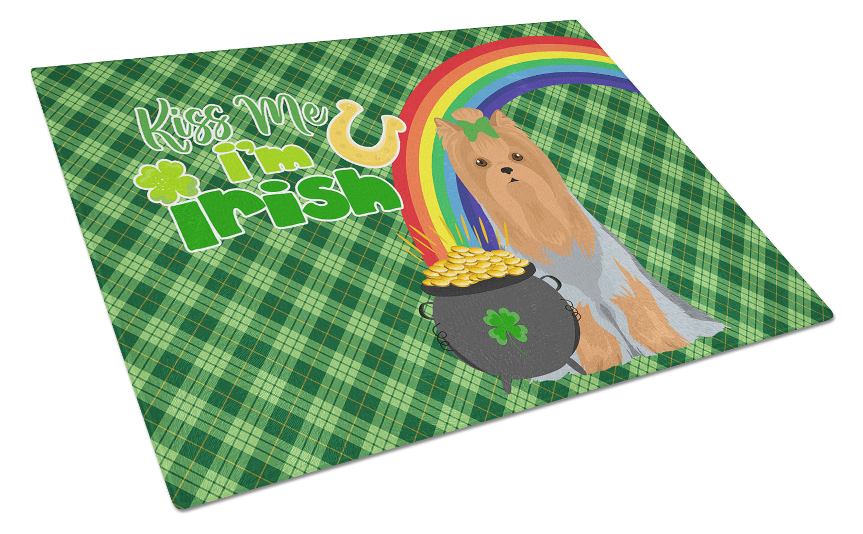 Blue and Tan Full Coat Yorkshire Terrier St. Patrick's Day Cutting Board Tempered Glass Kitchen Cutting Surface, Heat Resistant Chopping, Non-Slip Feet, Food Prep & Serving