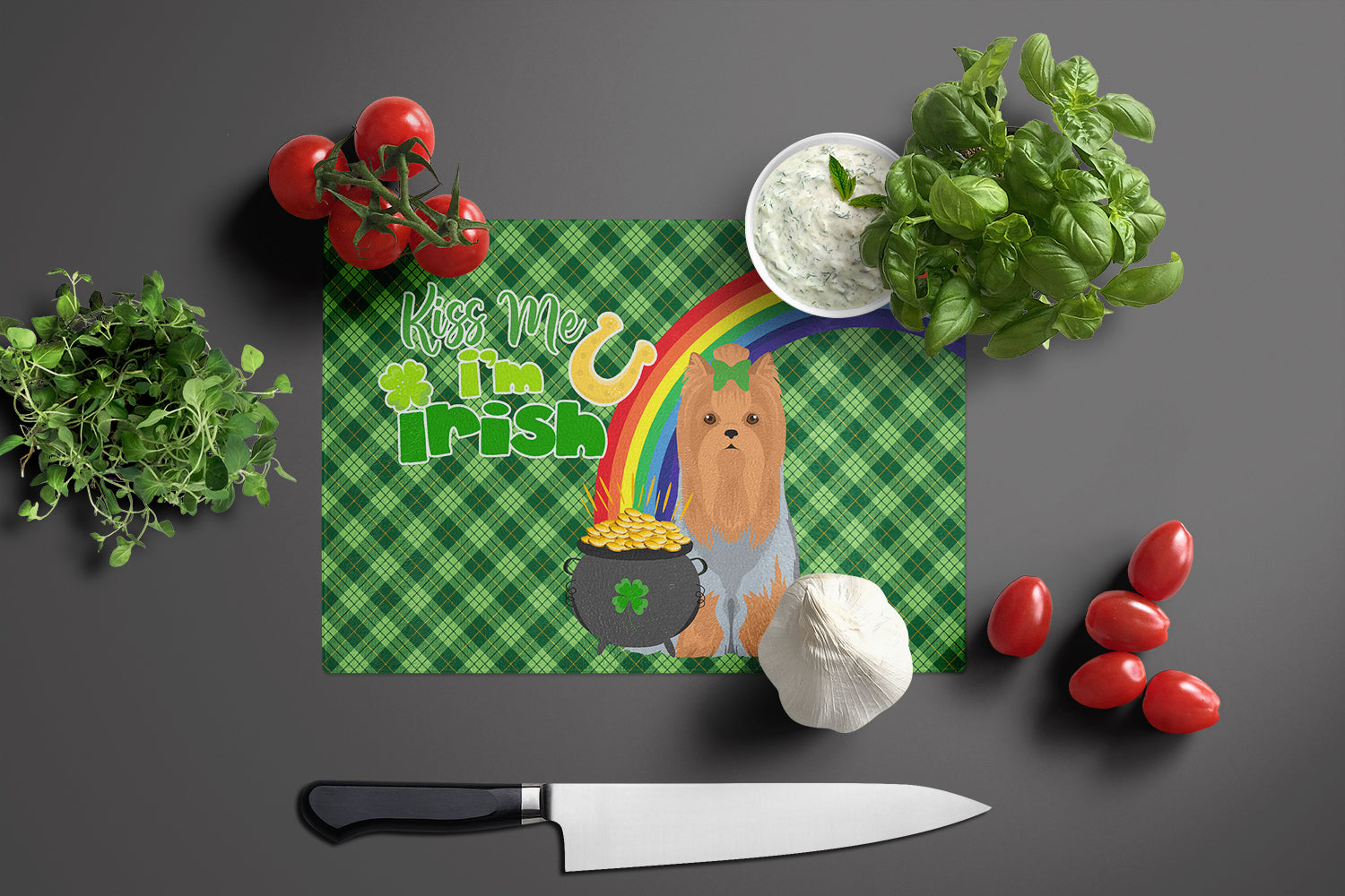 Blue and Tan Full Coat Yorkshire Terrier St. Patrick's Day Cutting Board Tempered Glass Kitchen Cutting Surface, Heat Resistant Chopping, Non-Slip Feet, Food Prep & Serving