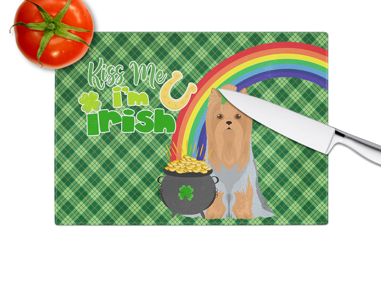 Blue and Tan Full Coat Yorkshire Terrier St. Patrick's Day Cutting Board Tempered Glass Kitchen Cutting Surface, Heat Resistant Chopping, Non-Slip Feet, Food Prep & Serving