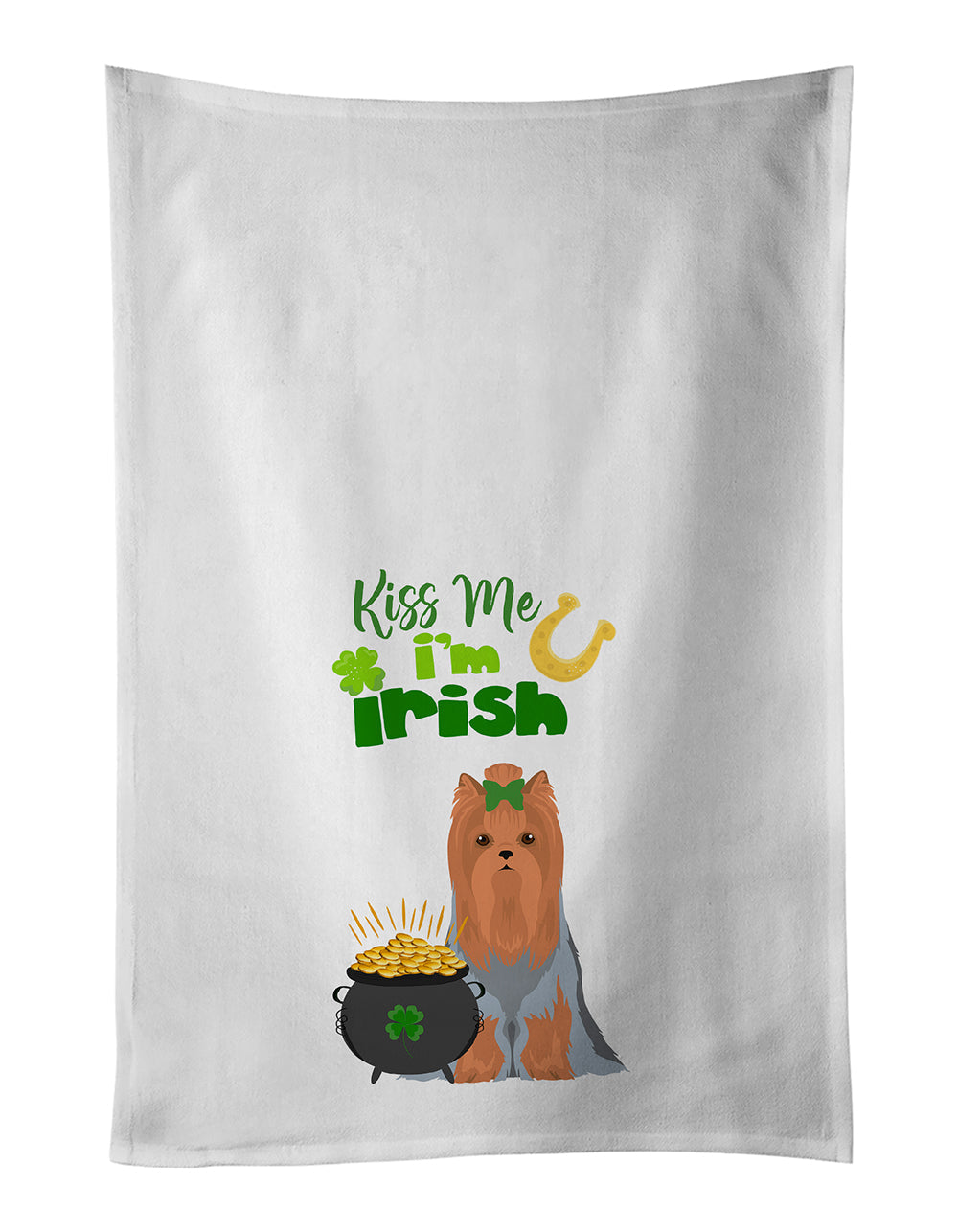 Blue and Tan Full Coat Yorkshire Terrier St. Patrick's Day Kitchen Towel Set of 2 White Dish Towels Decorative Bathroom Hand towel for Hand, Face, Hair, Yoga, Tea, Dishcloth, 19 X 28", White