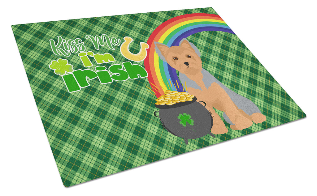 Blue and Tan Puppy Cut Yorkshire Terrier St. Patrick's Day Cutting Board Tempered Glass Kitchen Cutting Surface, Heat Resistant Chopping, Non-Slip Feet, Food Prep & Serving
