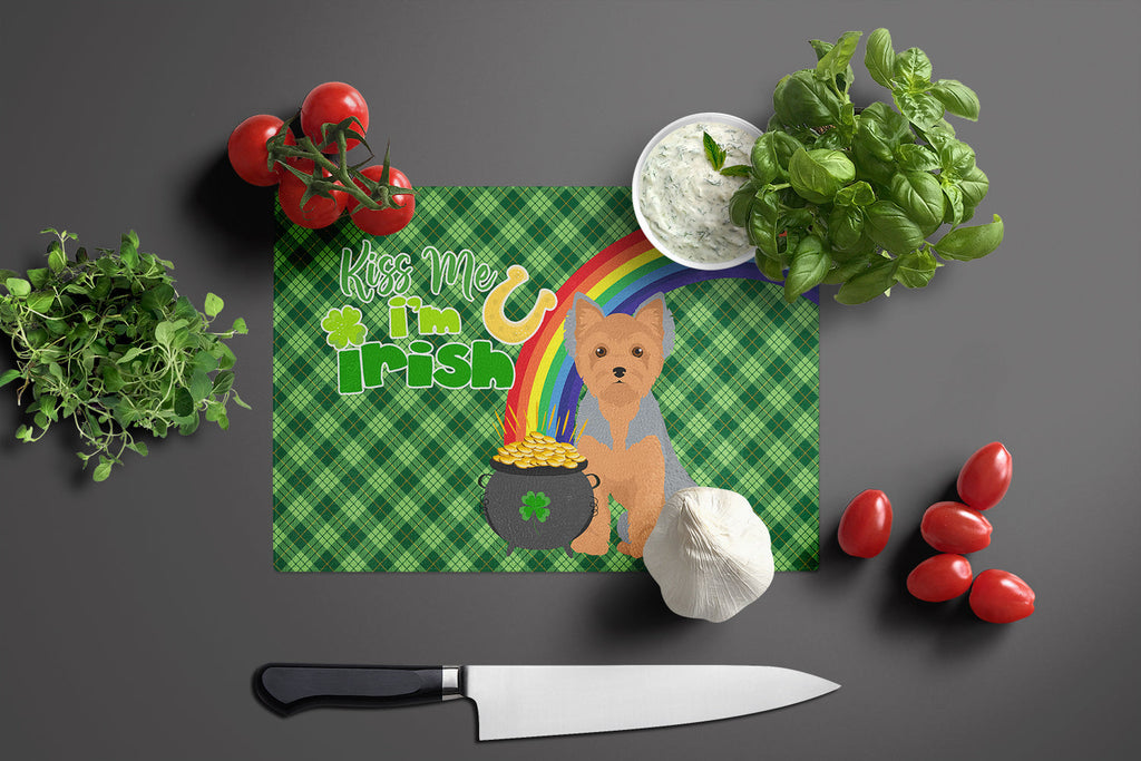 Blue and Tan Puppy Cut Yorkshire Terrier St. Patrick's Day Cutting Board Tempered Glass Kitchen Cutting Surface, Heat Resistant Chopping, Non-Slip Feet, Food Prep & Serving