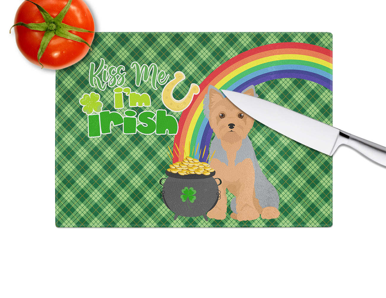 Blue and Tan Puppy Cut Yorkshire Terrier St. Patrick's Day Cutting Board Tempered Glass Kitchen Cutting Surface, Heat Resistant Chopping, Non-Slip Feet, Food Prep & Serving