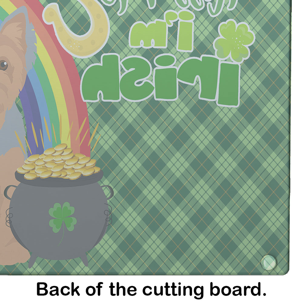 Blue and Tan Puppy Cut Yorkshire Terrier St. Patrick's Day Cutting Board Tempered Glass Kitchen Cutting Surface, Heat Resistant Chopping, Non-Slip Feet, Food Prep & Serving