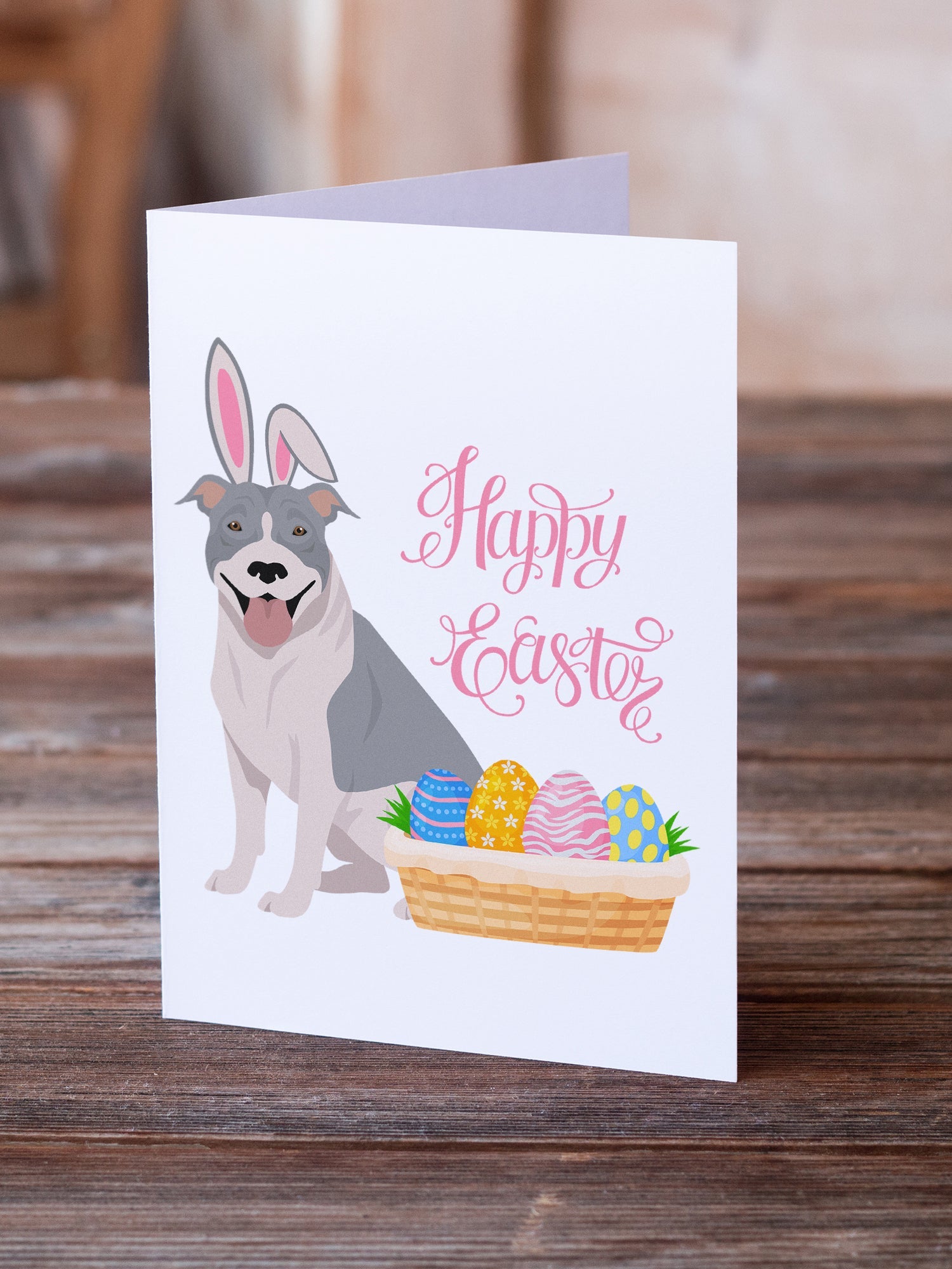 Blue and White Pit Bull Terrier Easter Greeting Cards Pack of 8 Blank Cards with Envelopes Whimsical A7 Size 5x7