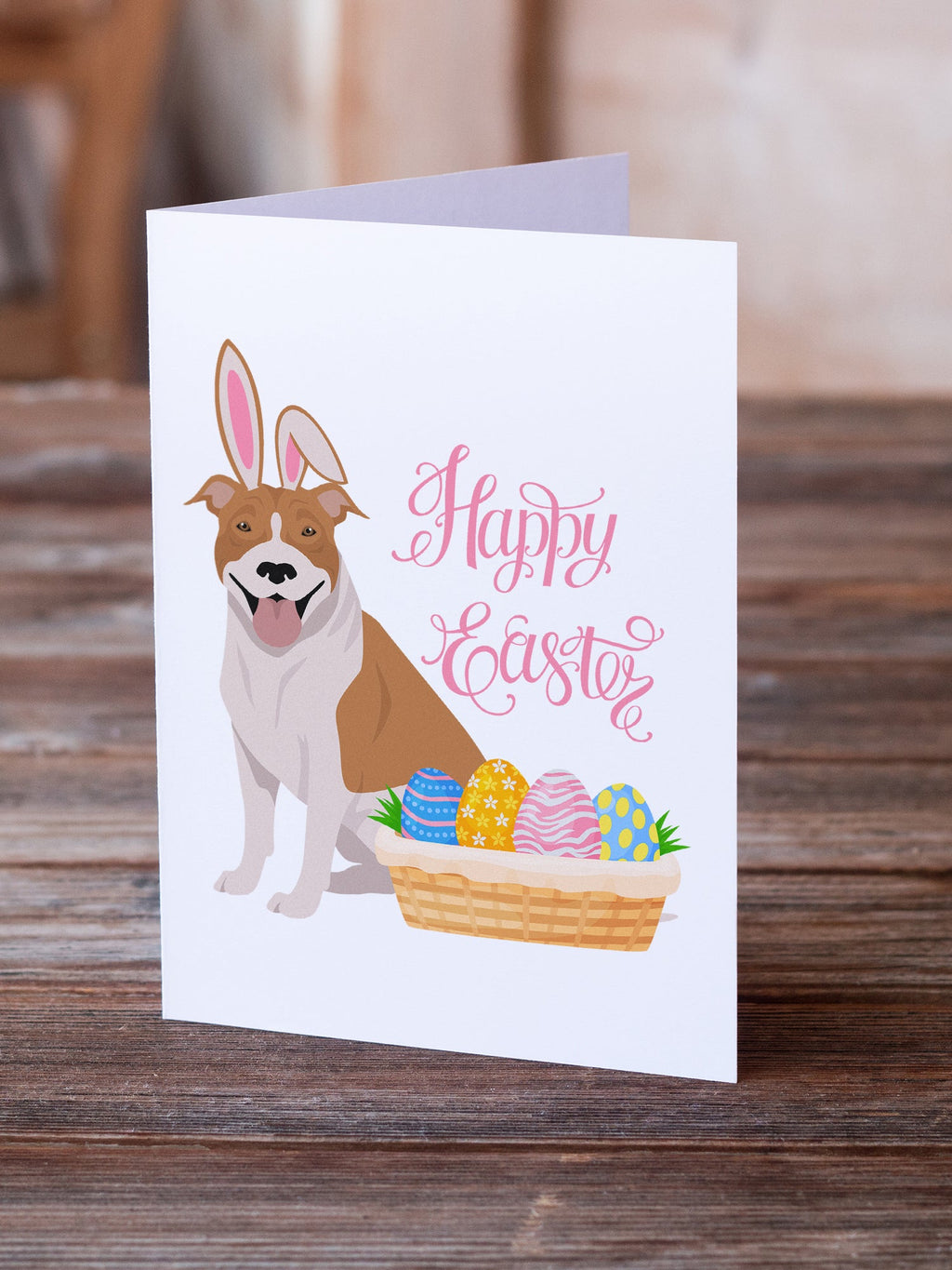 Red and White Pit Bull Terrier Easter Greeting Cards Pack of 8 Blank Cards with Envelopes Whimsical A7 Size 5x7