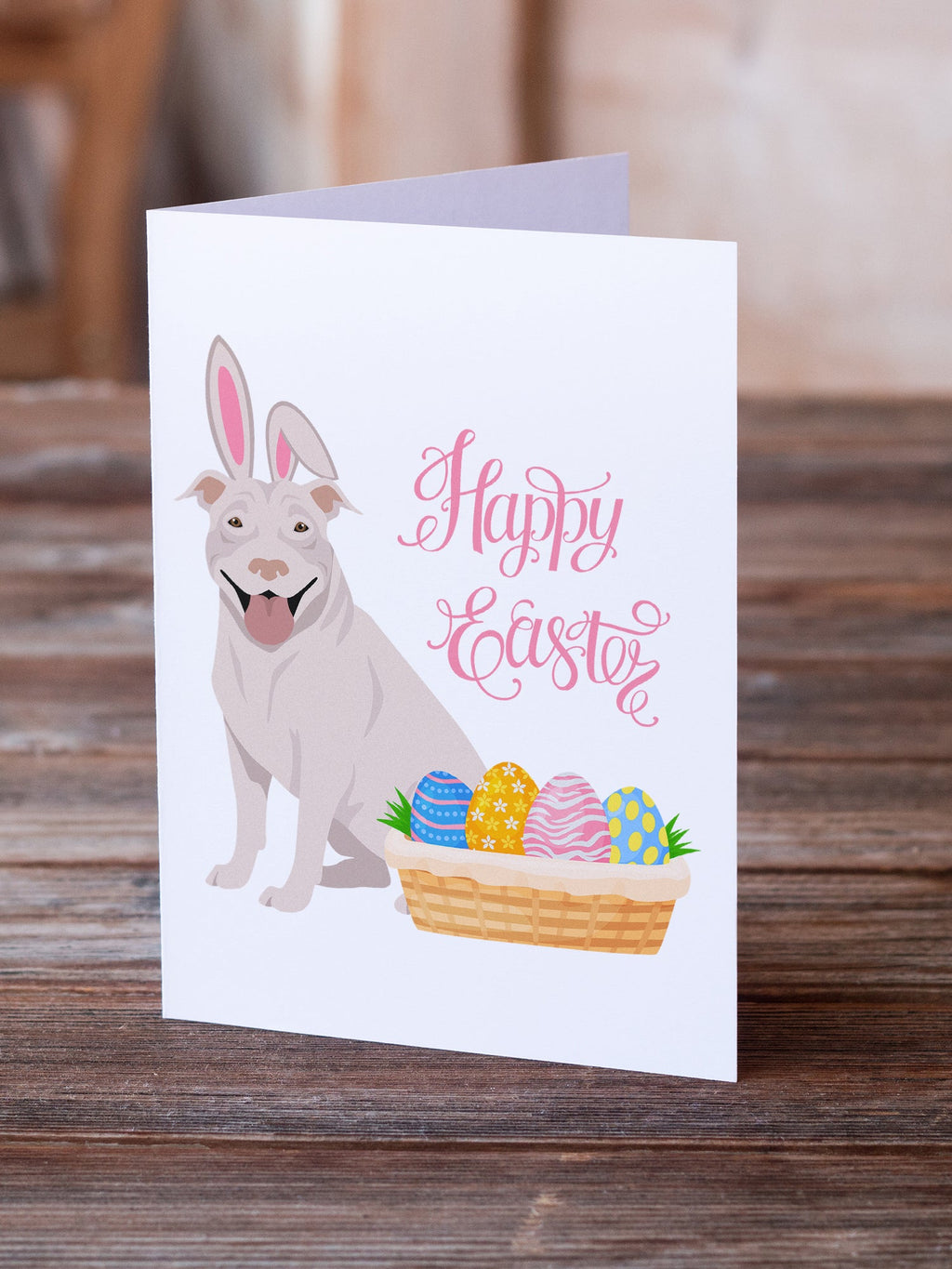 White Pit Bull Terrier Easter Greeting Cards Pack of 8 Blank Cards with Envelopes Whimsical A7 Size 5x7