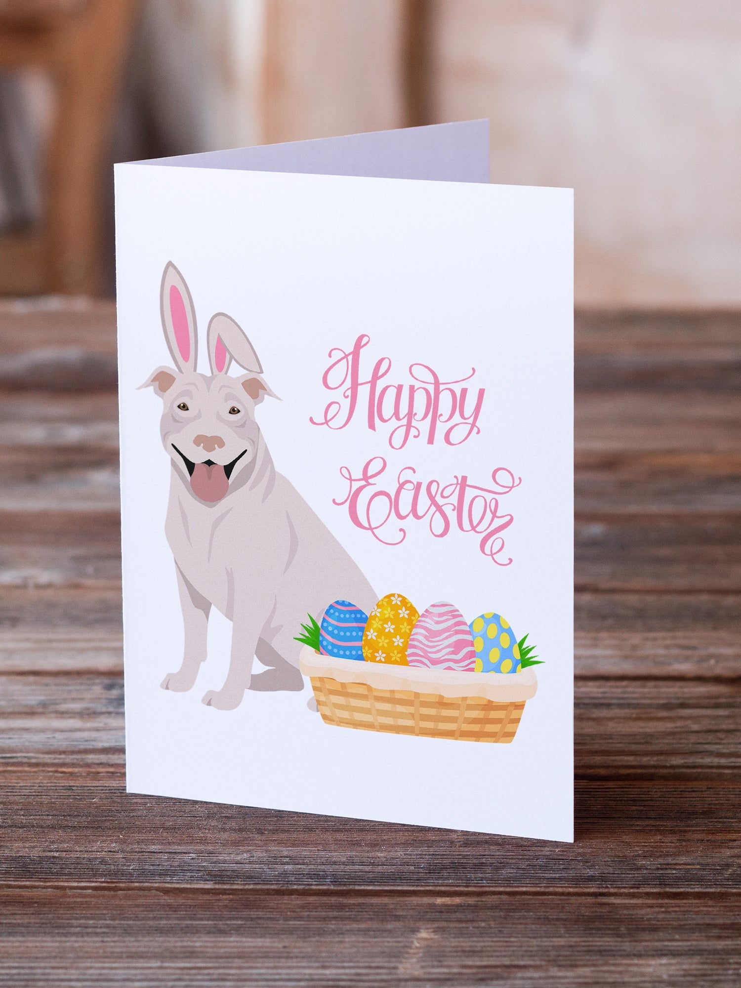 White Pit Bull Terrier Easter Greeting Cards Pack of 8 Blank Cards with Envelopes Whimsical A7 Size 5x7