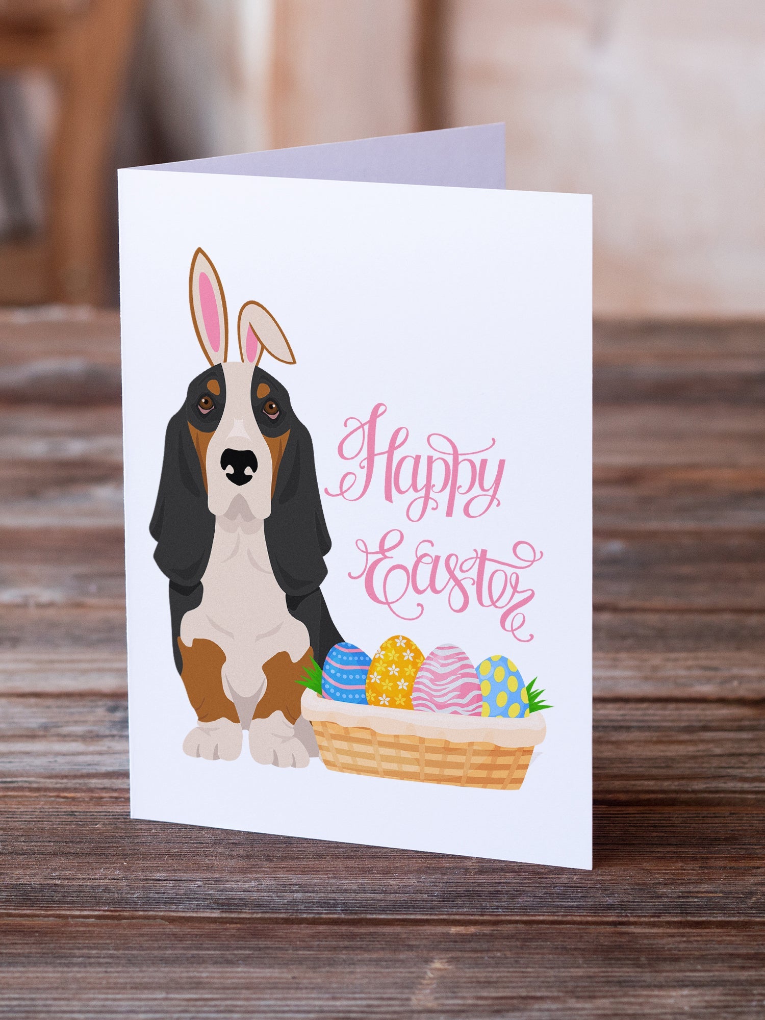 Black Tricolor Basset Hound Easter Greeting Cards Pack of 8 Blank Cards with Envelopes Whimsical A7 Size 5x7