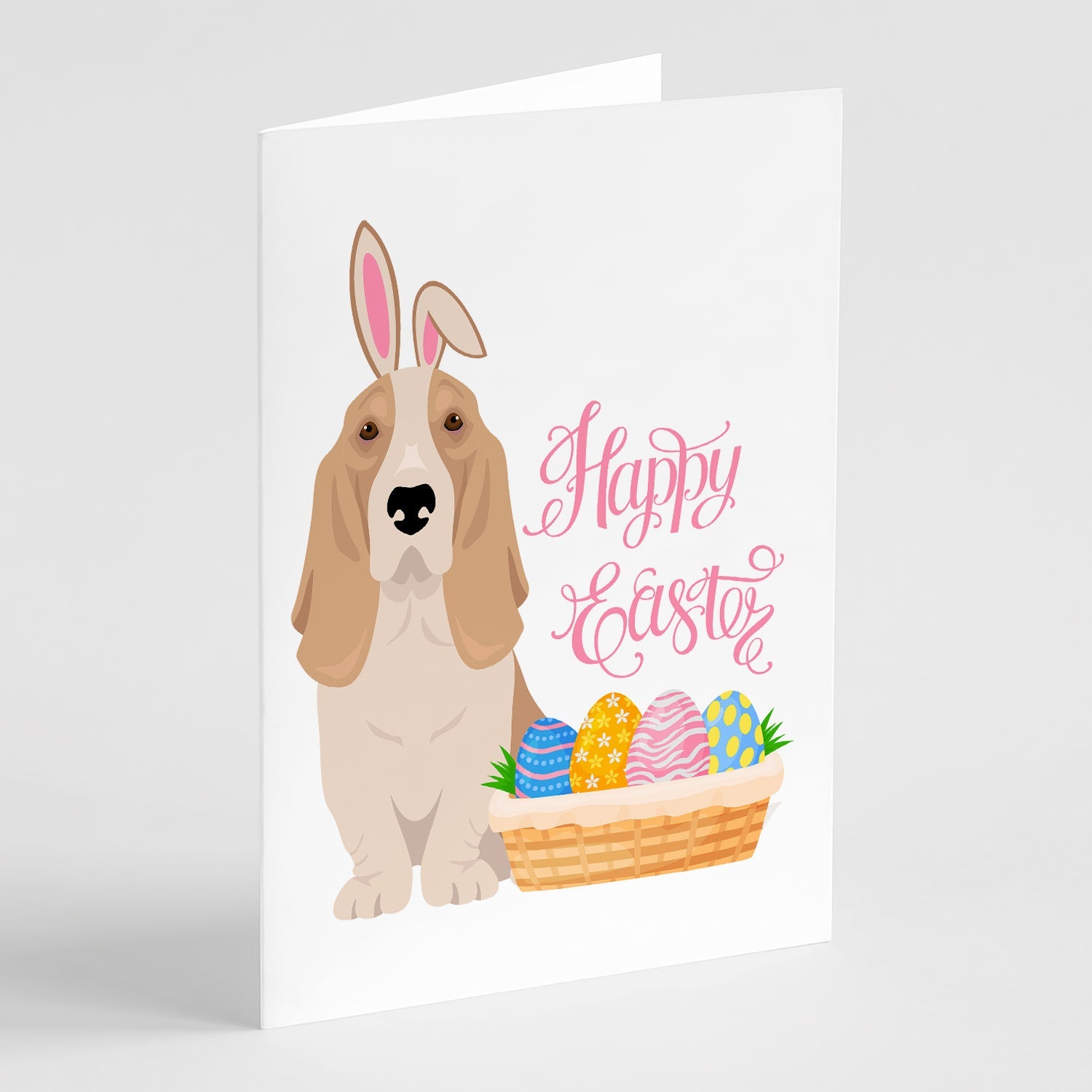 Lemon and White Tricolor Basset Hound Easter Greeting Cards Pack of 8 Blank Cards with Envelopes Whimsical A7 Size 5x7