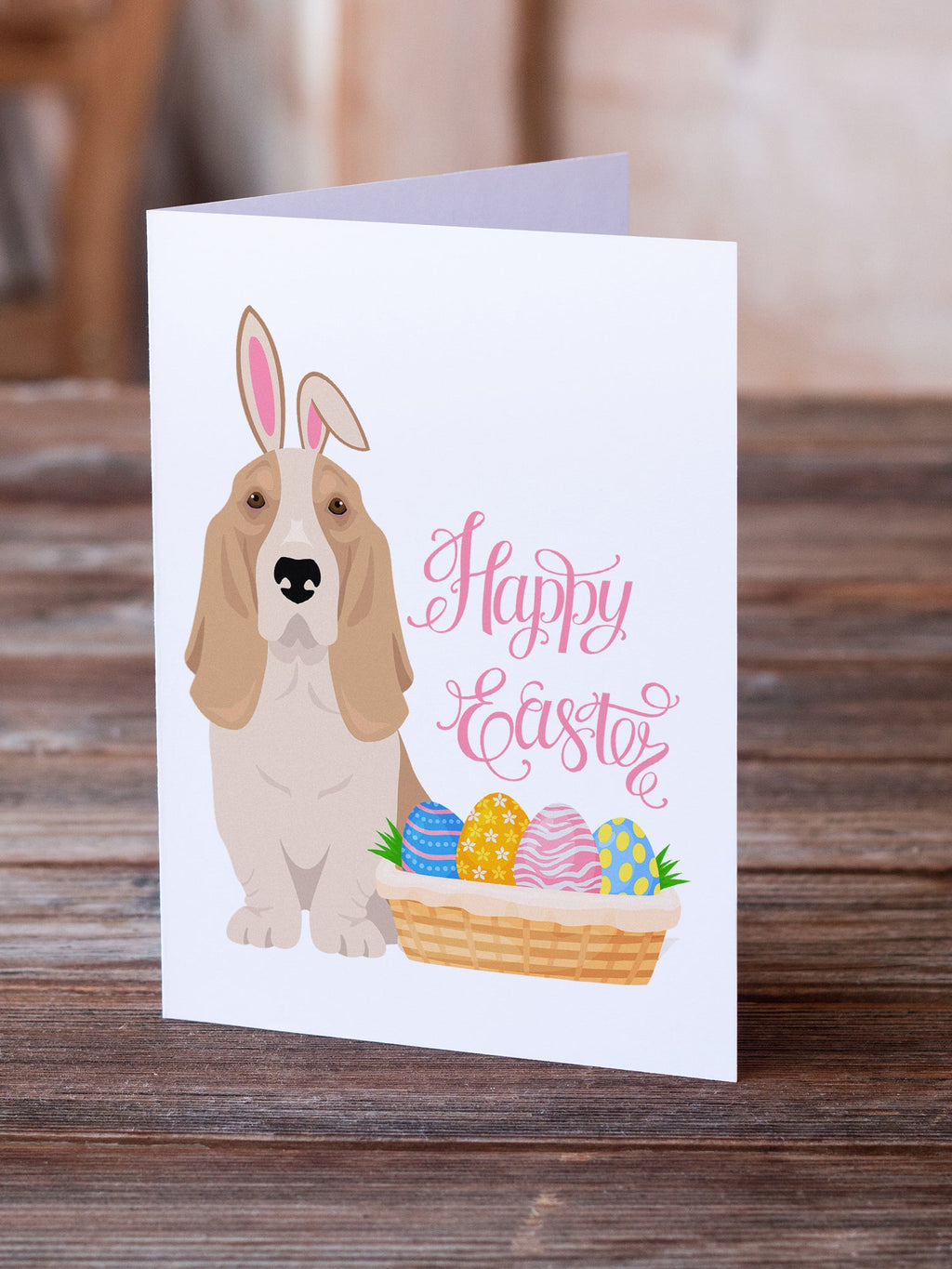 Lemon and White Tricolor Basset Hound Easter Greeting Cards Pack of 8 Blank Cards with Envelopes Whimsical A7 Size 5x7
