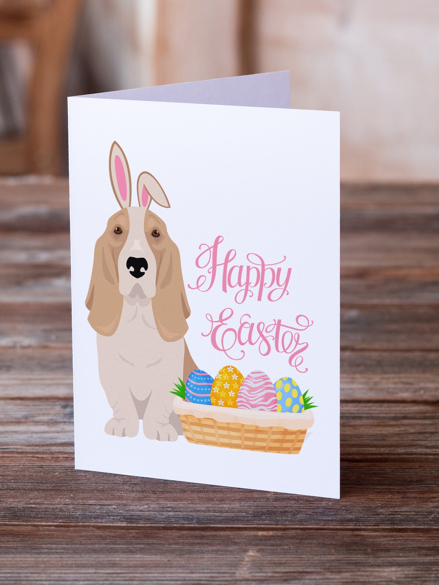 Lemon and White Tricolor Basset Hound Easter Greeting Cards Pack of 8 Blank Cards with Envelopes Whimsical A7 Size 5x7