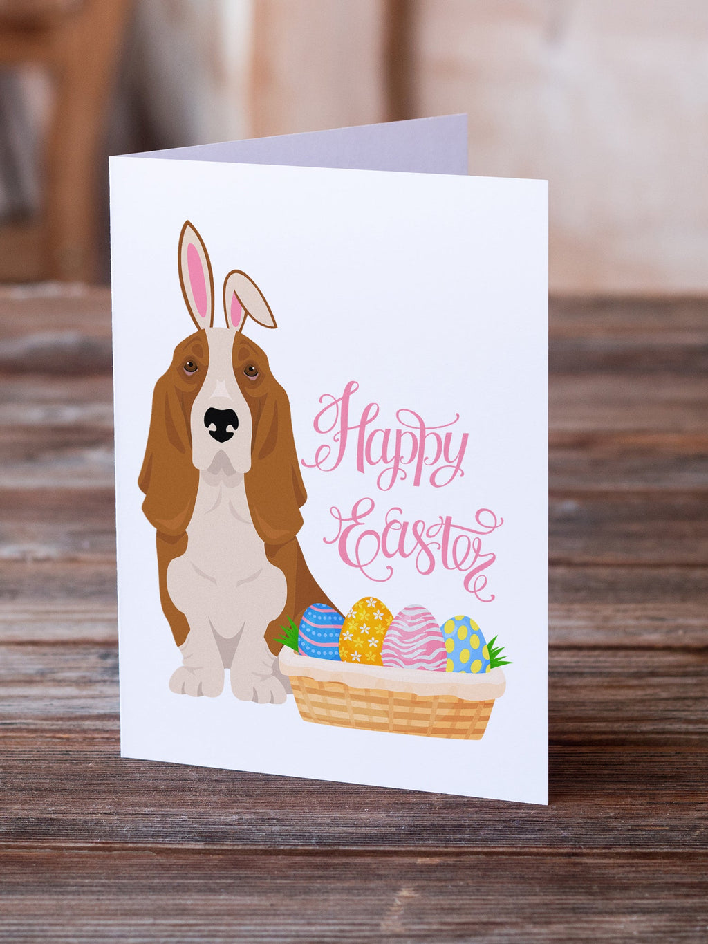 Red and White Tricolor Basset Hound Easter Greeting Cards Pack of 8 Blank Cards with Envelopes Whimsical A7 Size 5x7