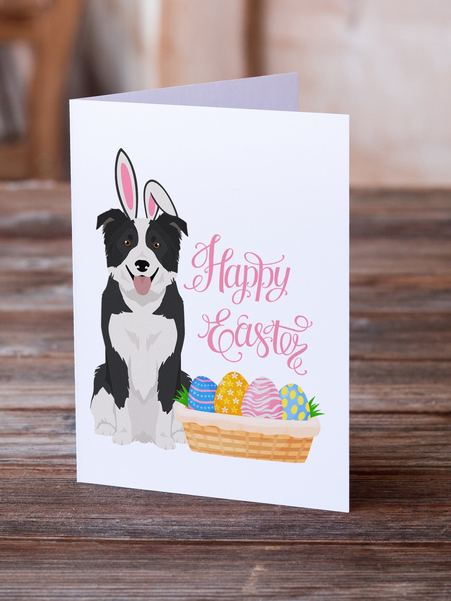 Black and White Border Collie Easter Greeting Cards Pack of 8 Blank Cards with Envelopes Whimsical A7 Size 5x7
