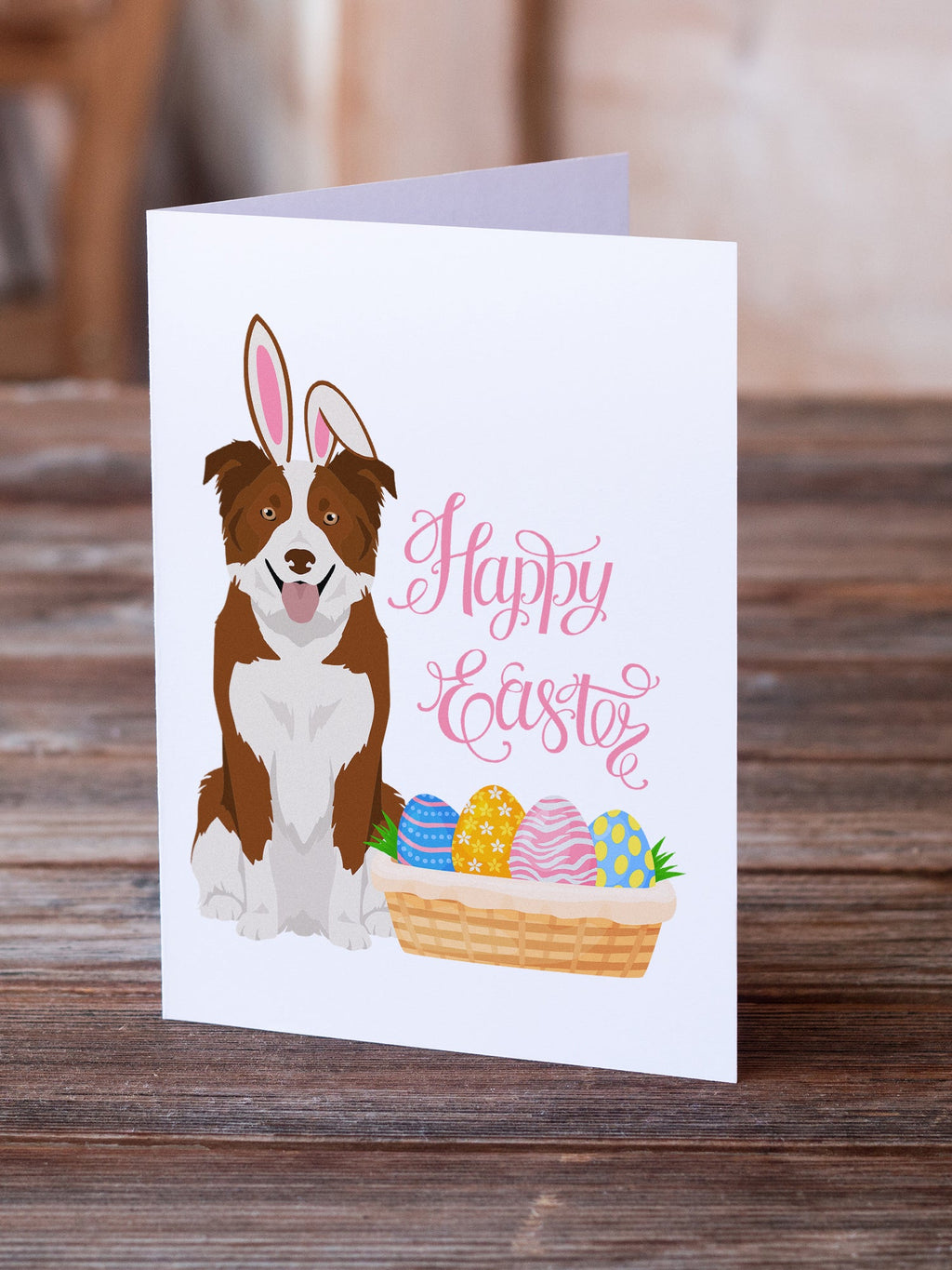Red and White Border Collie Easter Greeting Cards Pack of 8 Blank Cards with Envelopes Whimsical A7 Size 5x7