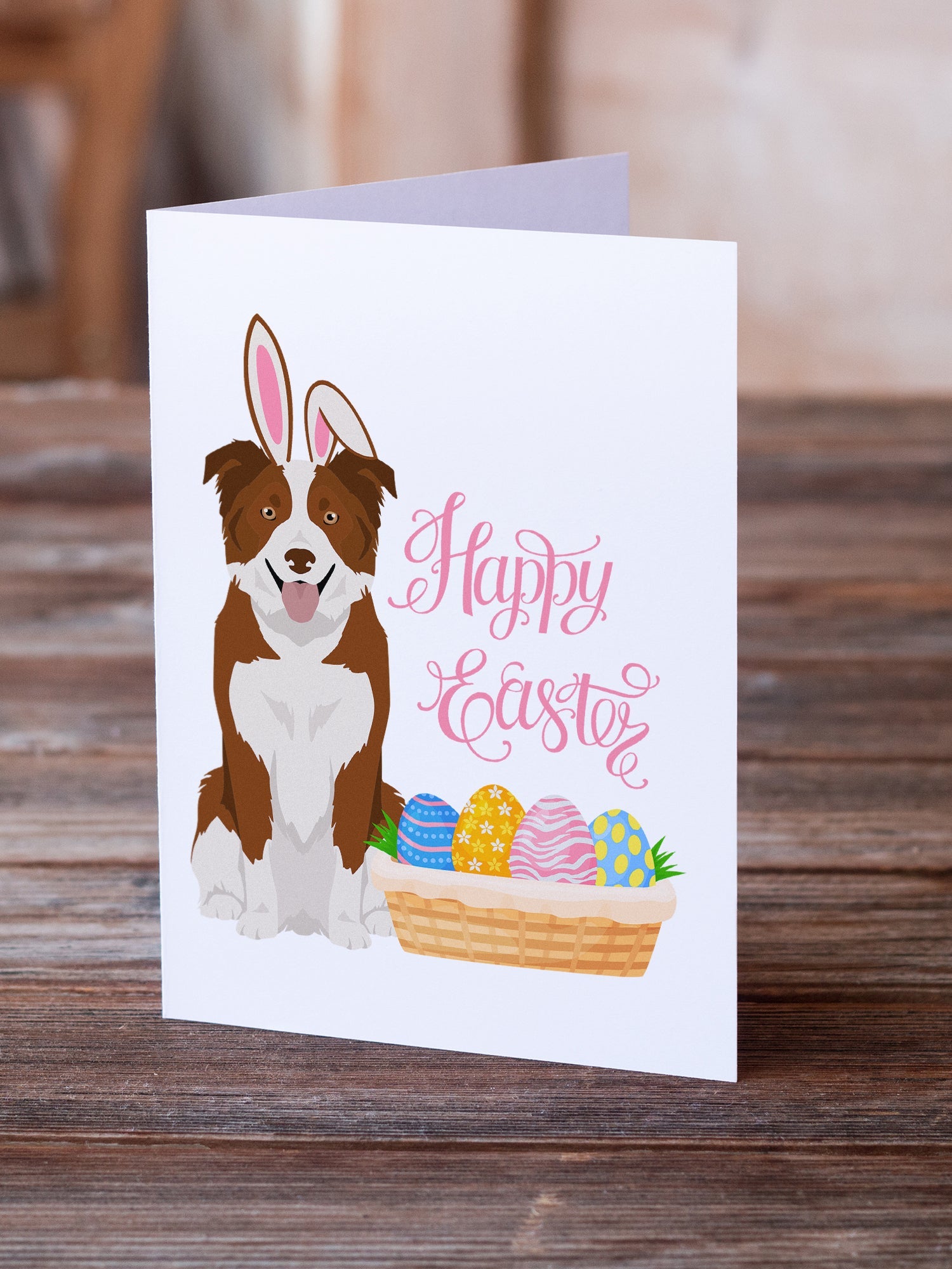 Red and White Border Collie Easter Greeting Cards Pack of 8 Blank Cards with Envelopes Whimsical A7 Size 5x7