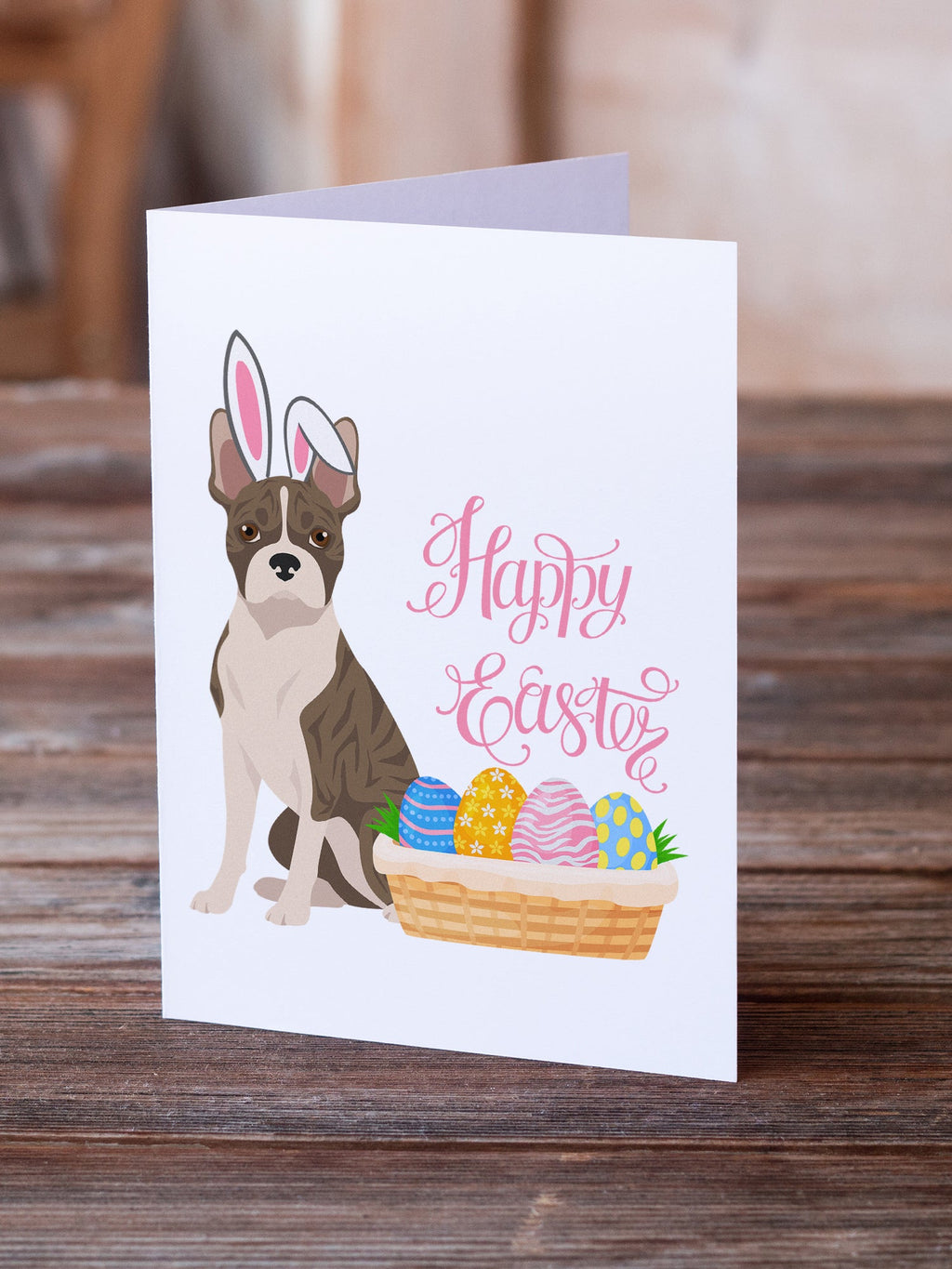 Brindle Boston Terrier Easter Greeting Cards Pack of 8 Blank Cards with Envelopes Whimsical A7 Size 5x7