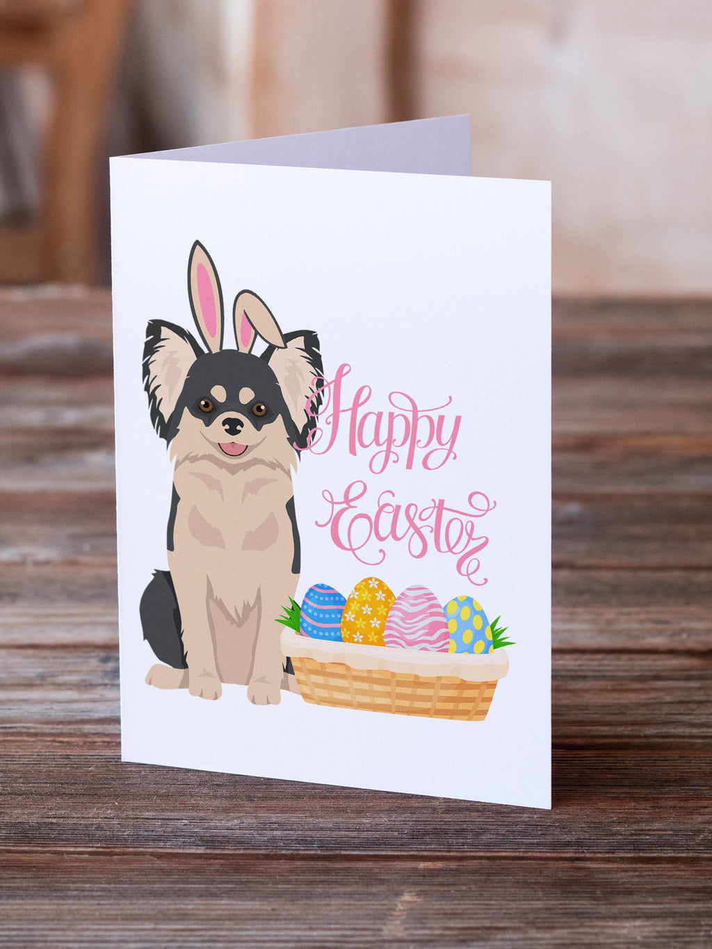 Longhaired Black and White Chihuahua Easter Greeting Cards Pack of 8 Blank Cards with Envelopes Whimsical A7 Size 5x7