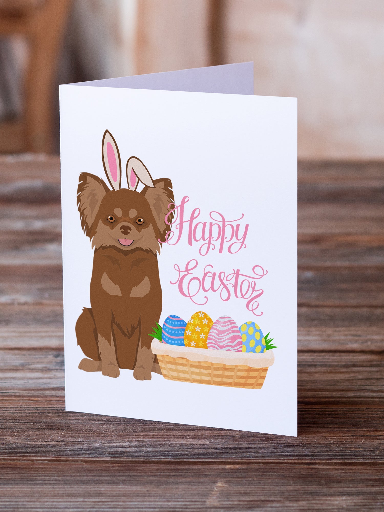 Longhaired Chocolate and Tan Chihuahua Easter Greeting Cards Pack of 8 Blank Cards with Envelopes Whimsical A7 Size 5x7