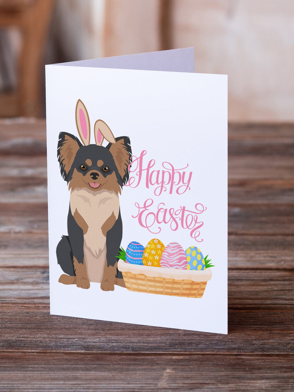 Longhaired Black and Tan Chihuahua Easter Greeting Cards Pack of 8 Blank Cards with Envelopes Whimsical A7 Size 5x7